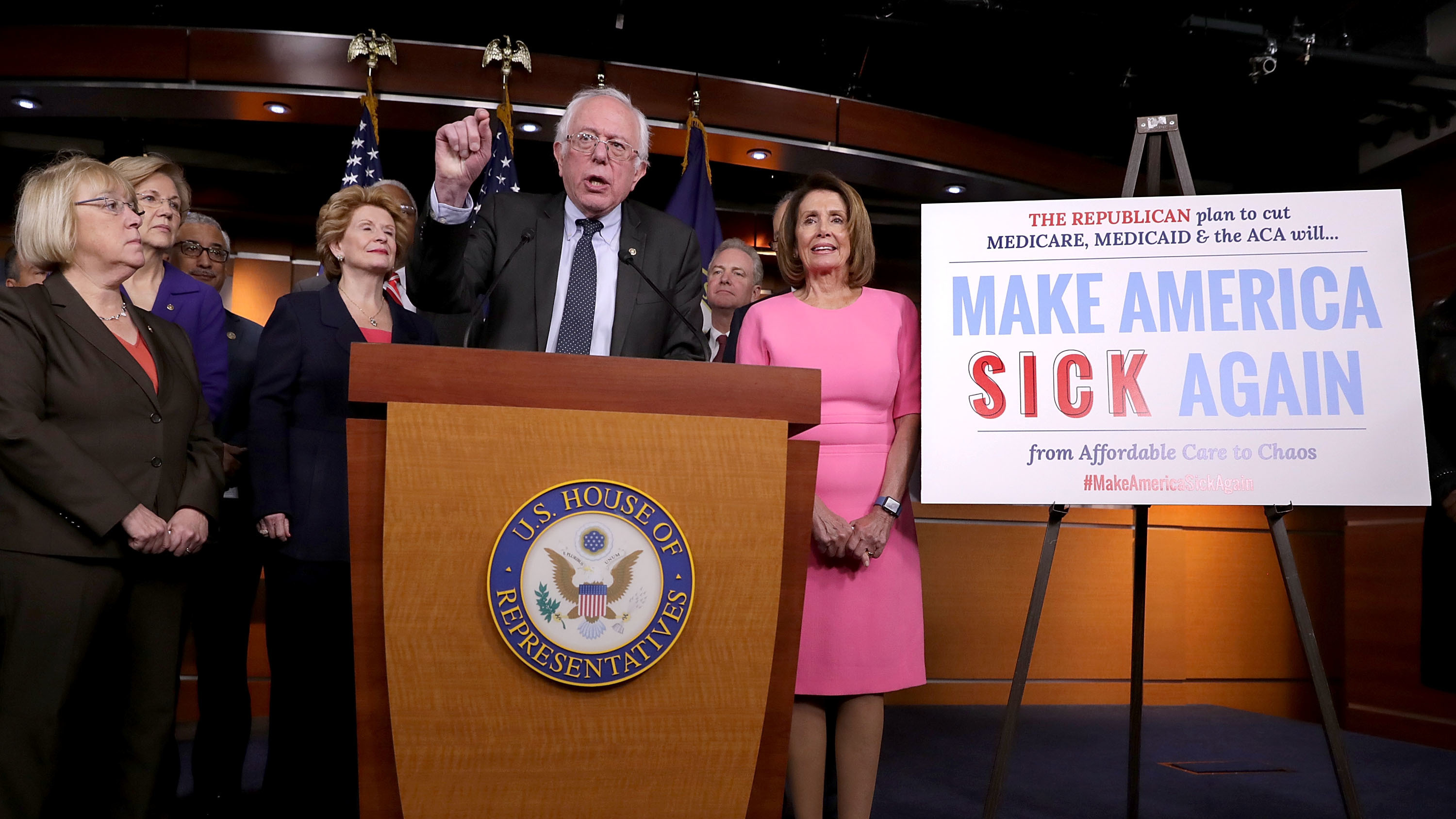 Sen. Bernie Sanders talks to reporters about preserving the Affordable Care Act with fellow Democrats from both the House and Senate after a meeting with President Obama at the U.S. Capitol on Wednesday in Washington, D.C. (Getty Images)