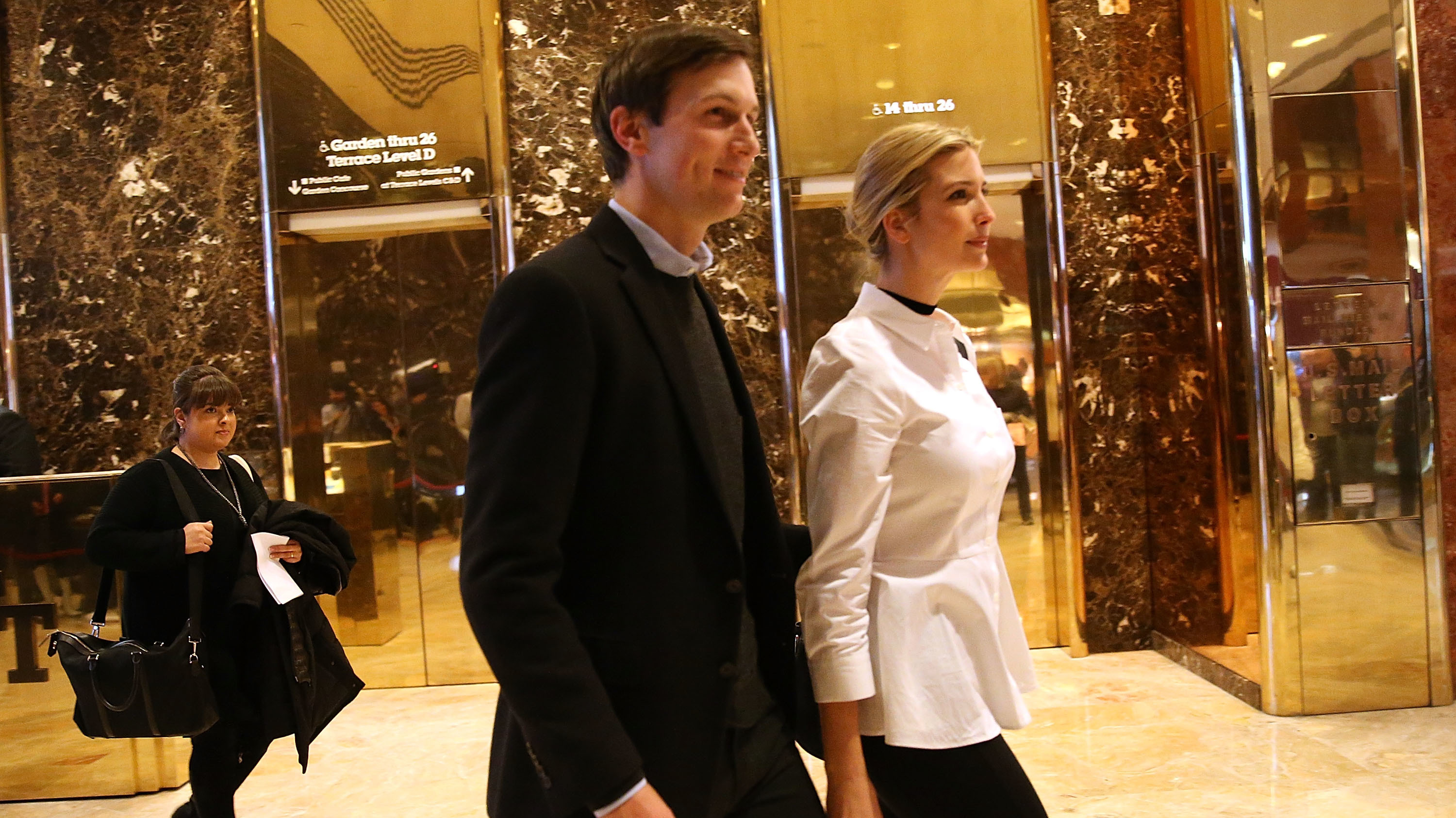 Jared Kushner, the son-in-law of President-elect Donald Trump, and wife Ivanka walk though the lobby of Trump Tower in New York on Nov.18, 2016. (Getty Images)