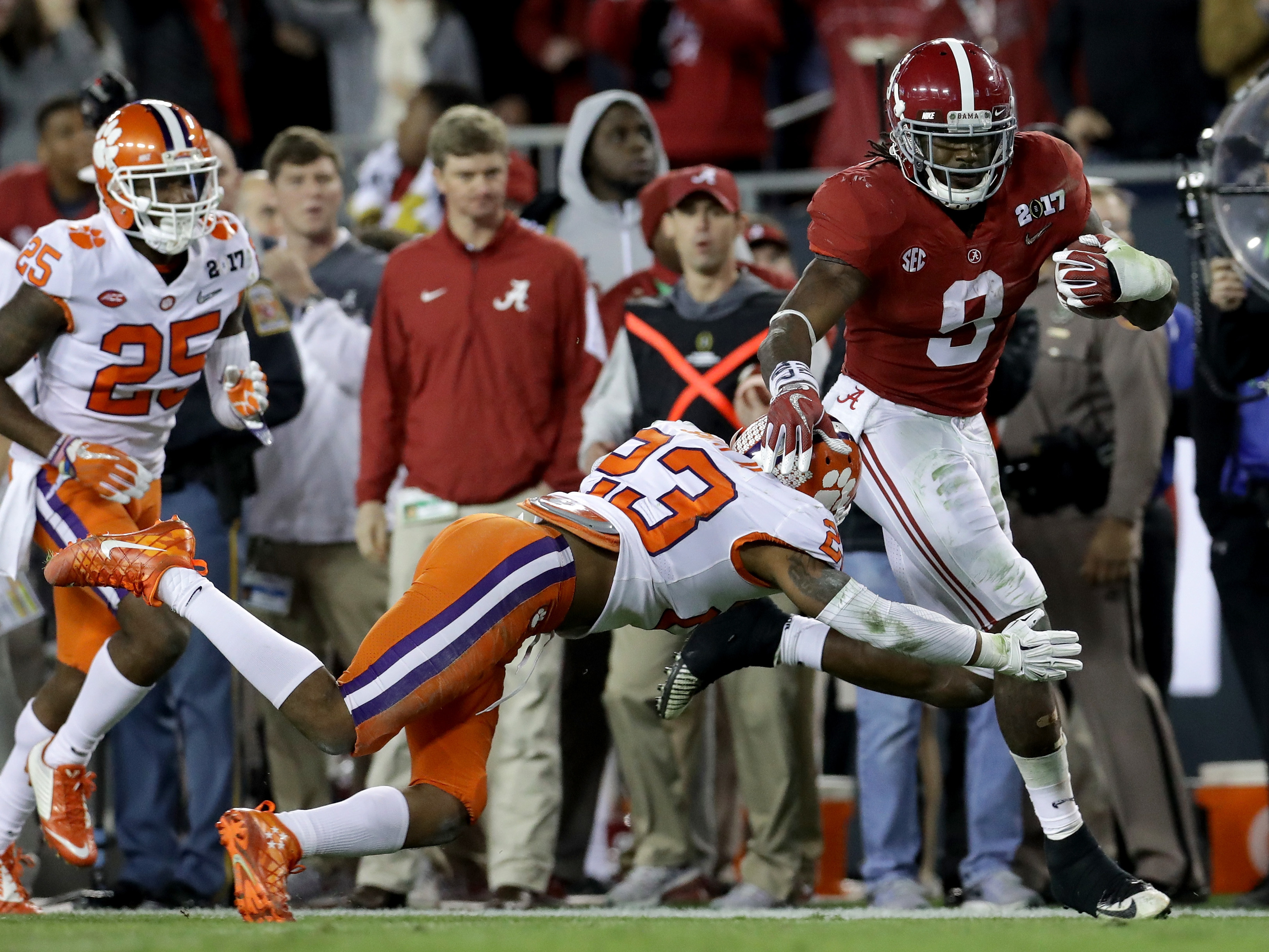 Sophomore running back Bo Scarbrough of the Alabama Crimson Tide rushes for a 37-yard touchdown Monday during the second quarter in the 2017 College Football Playoff National Championship Game against the Clemson Tigers in Tampa, Fla. Scarborough had two long touchdown runs, after getting two long scores against Washington in the semifinal game. (Ronald Martinez/Getty Images)