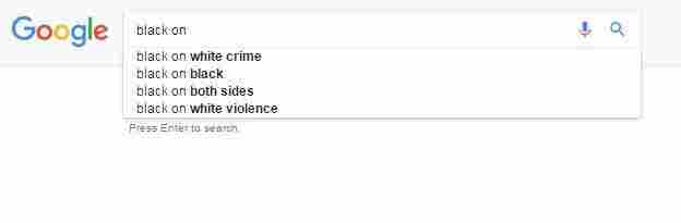 Google suggests four possible search terms for users who have typed in "black on," including "black on white crime." This search was conducted by NPR on Jan. 5.
