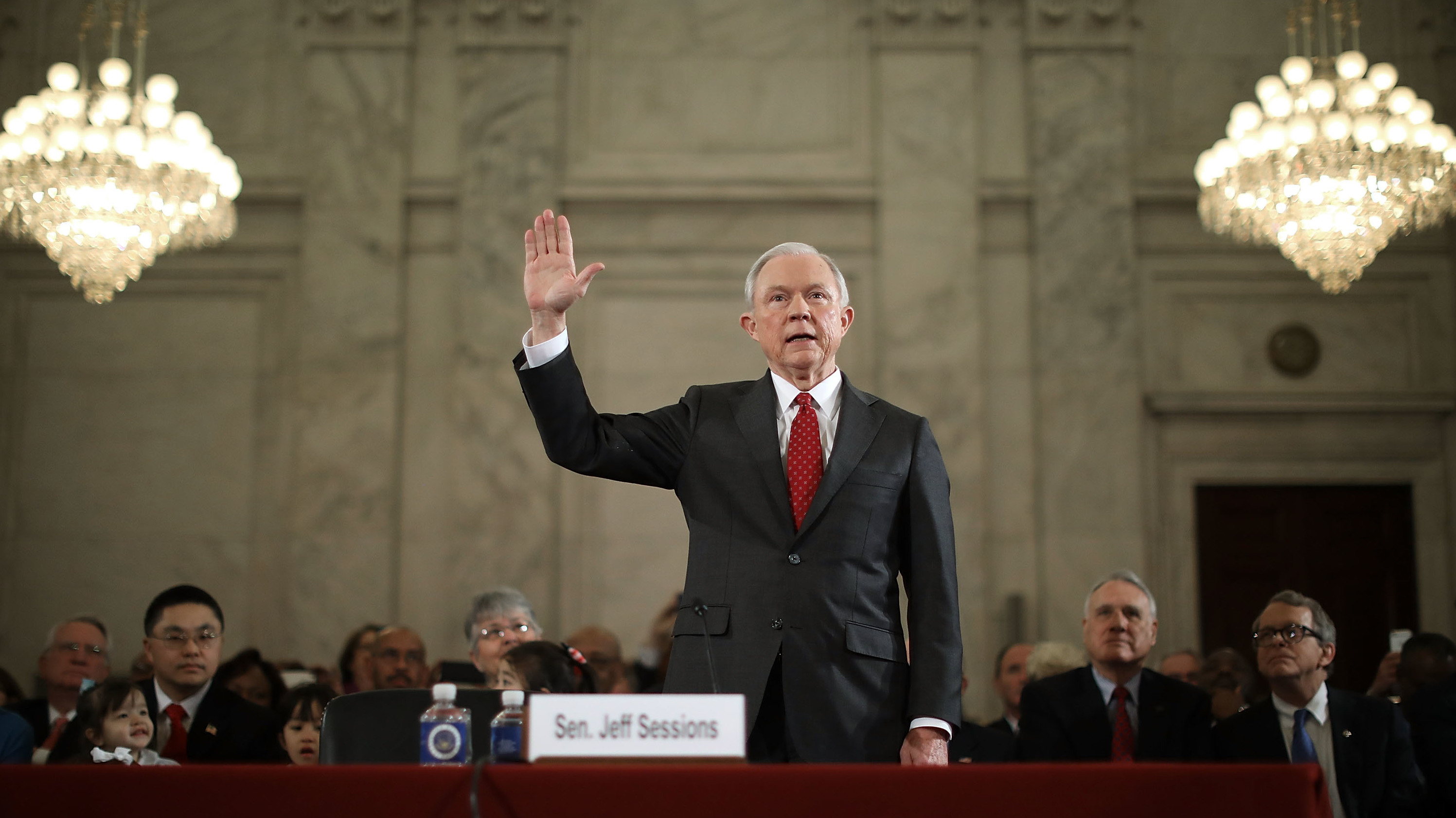 Republican Sen. Jeff Sessions of Alabama is sworn in Monday for his confirmation hearing by the Senate Judiciary Committee. (Getty Images)