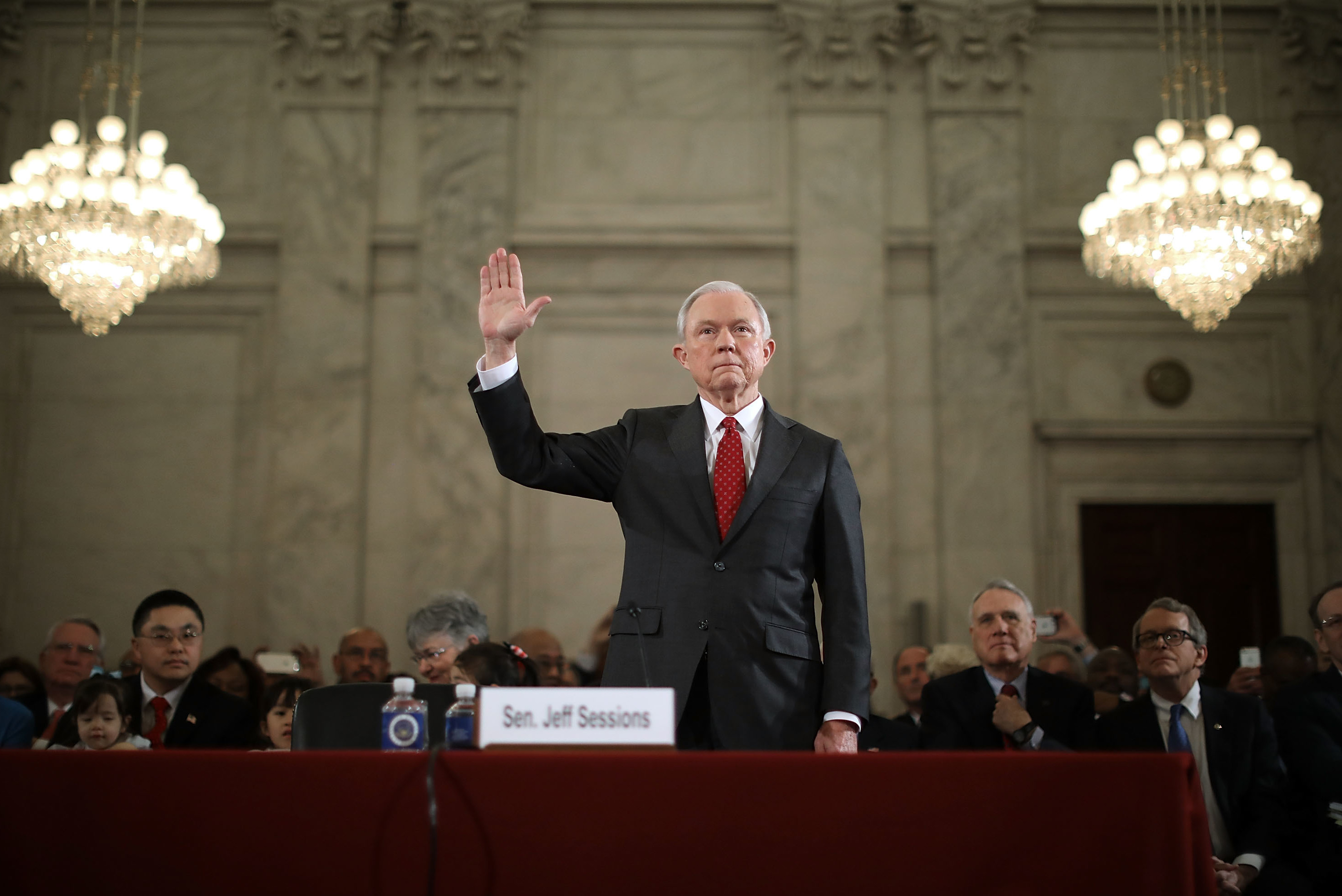Sen. Jeff Sessions is sworn in before the Senate Judiciary Committee during his confirmation hearing to be the U.S. attorney general on Tuesday. (Getty Images)