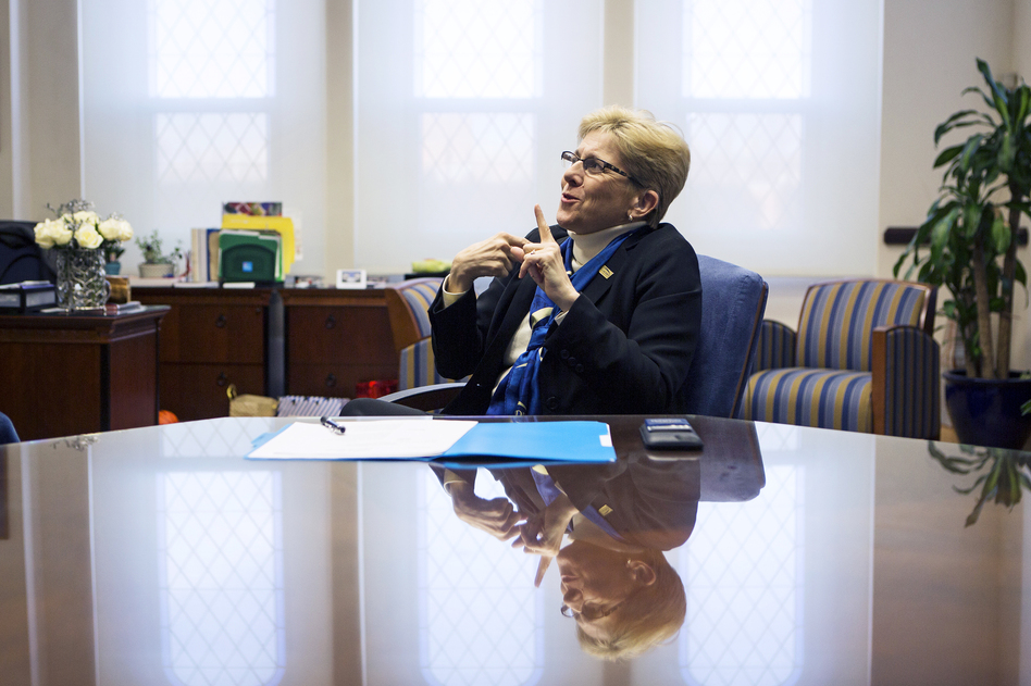 Gallaudet University President Roberta Cordano speaks using American Sign Language in her office in Washington, D.C. She is the first Deaf woman president at the university. (Becky Harlan/NPR)