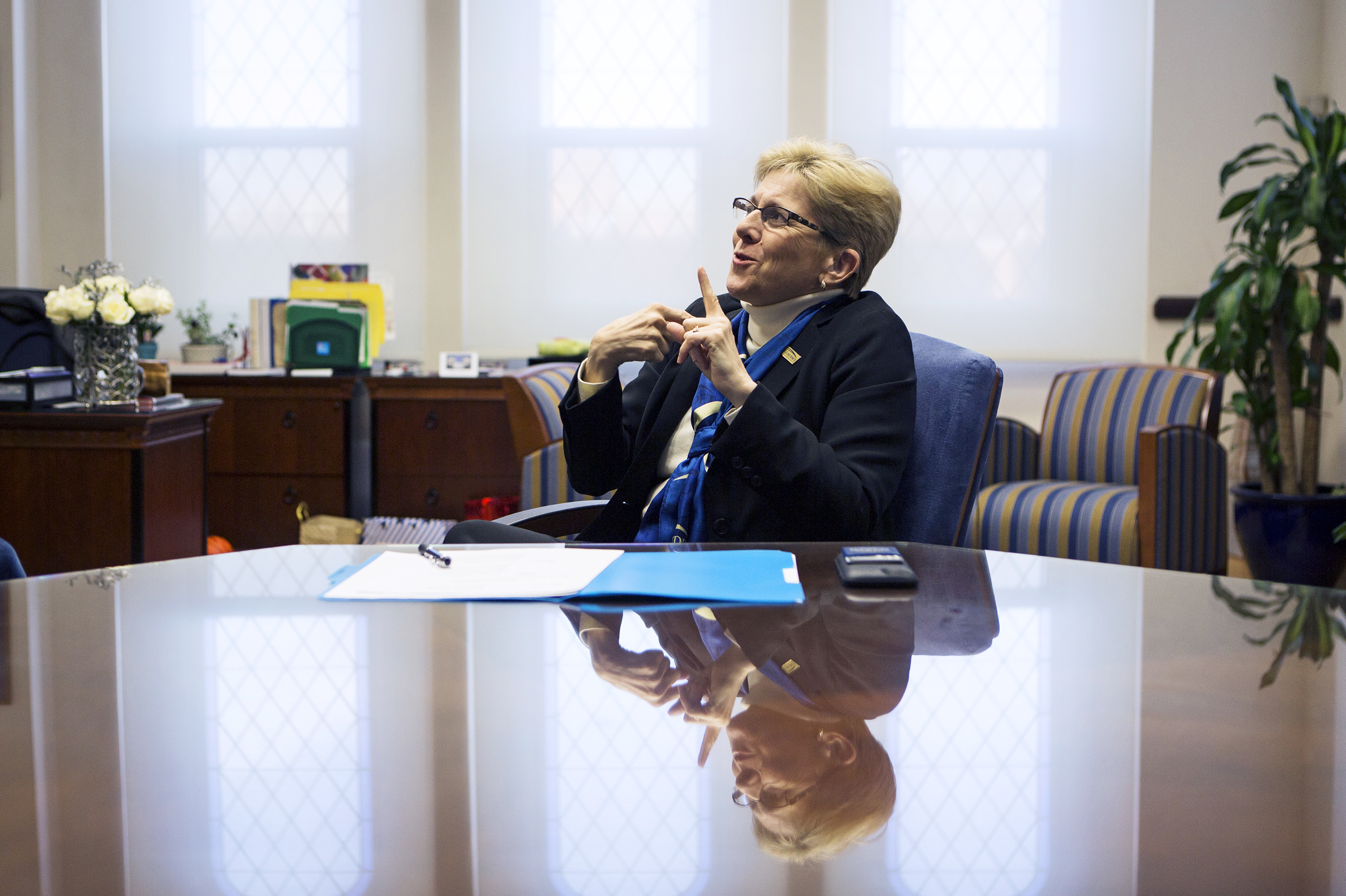 Gallaudet University President Roberta Cordano speaks using American Sign Language in her office in Washington, D.C. She is the first Deaf woman president at the university. (NPR)