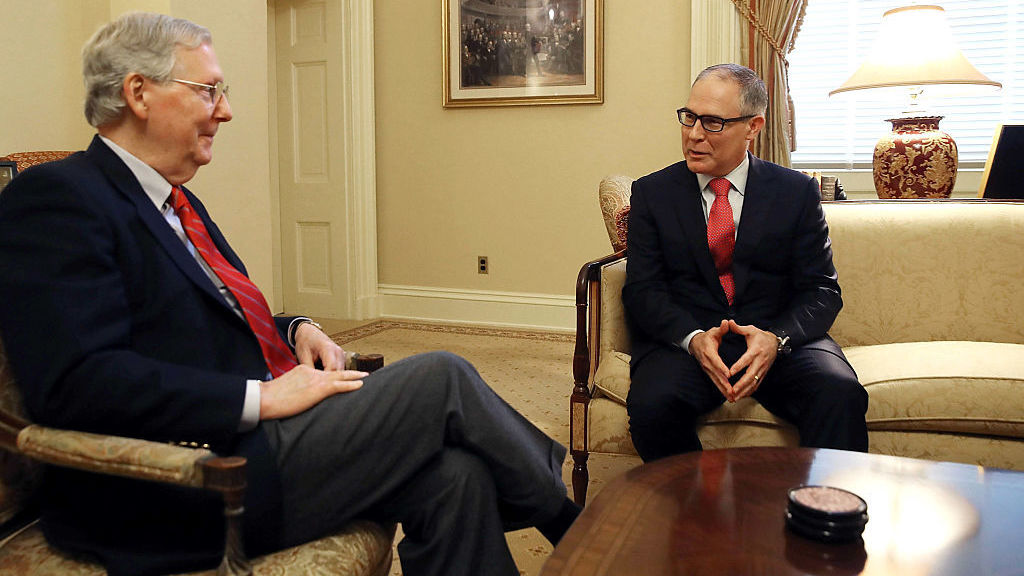 Senate Majority Leader Mitch McConnell and Scott Pruitt, Oklahoma's attorney general and President-elect Donald Trump's nominee to head the EPA, earlier this month. (Getty Images)