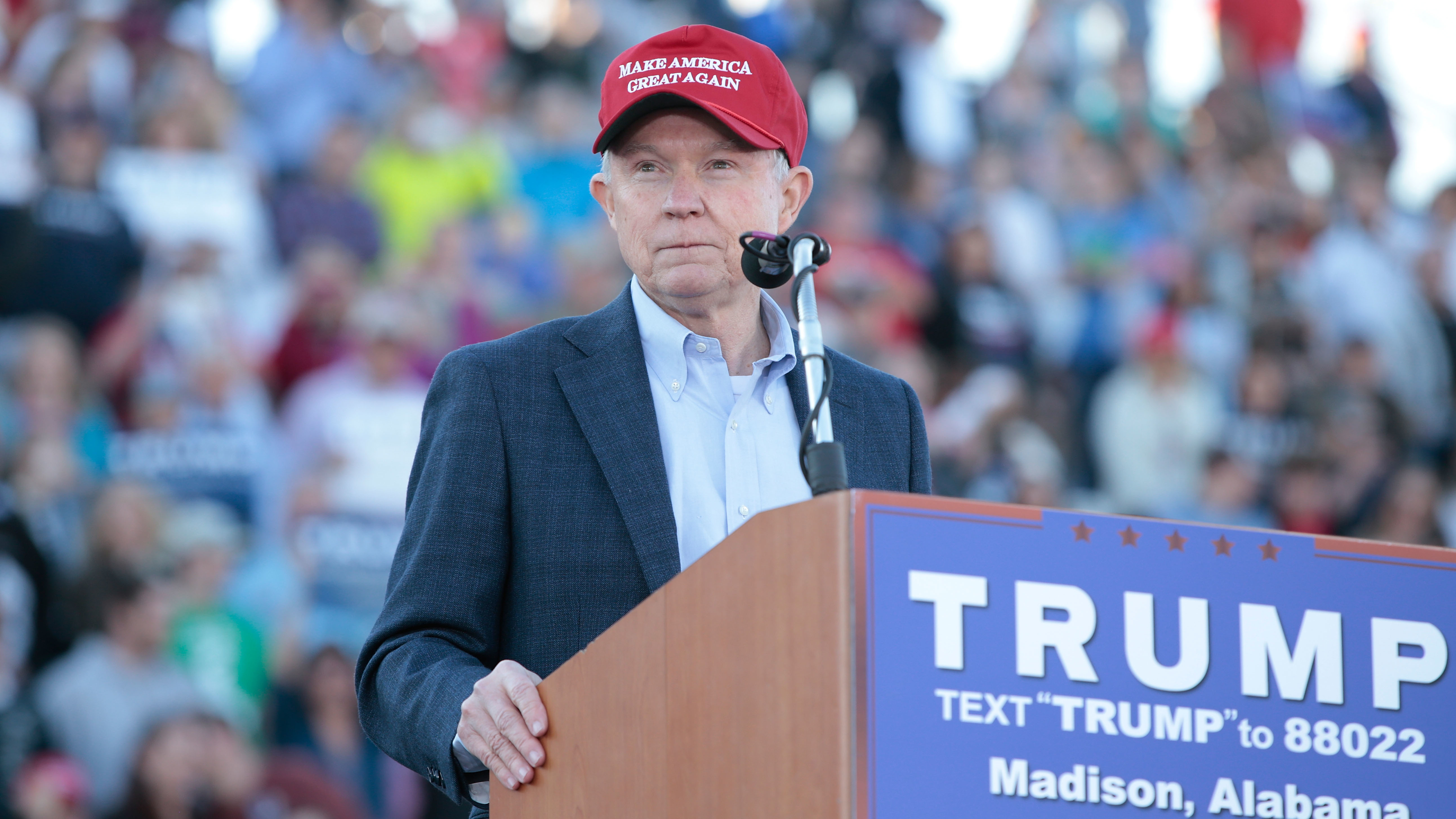 Sen. Jeff Sessions, Donald Trump's nominee for attorney general, endorses Trump for president on Feb. 28, 2016, in Madison, Ala. (WireImage)