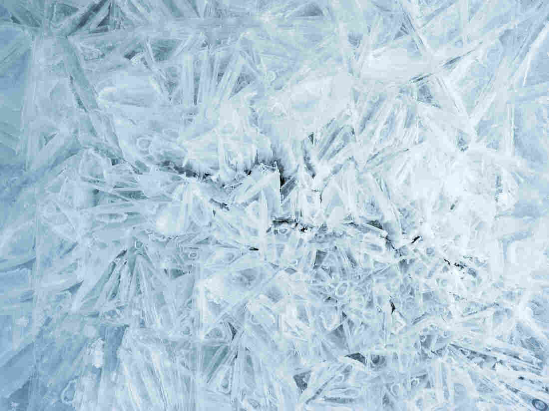 A close-up of white and blue crystals of ice and snow at Guinness Gully, Yoho National Park, British Columbia, Canada.