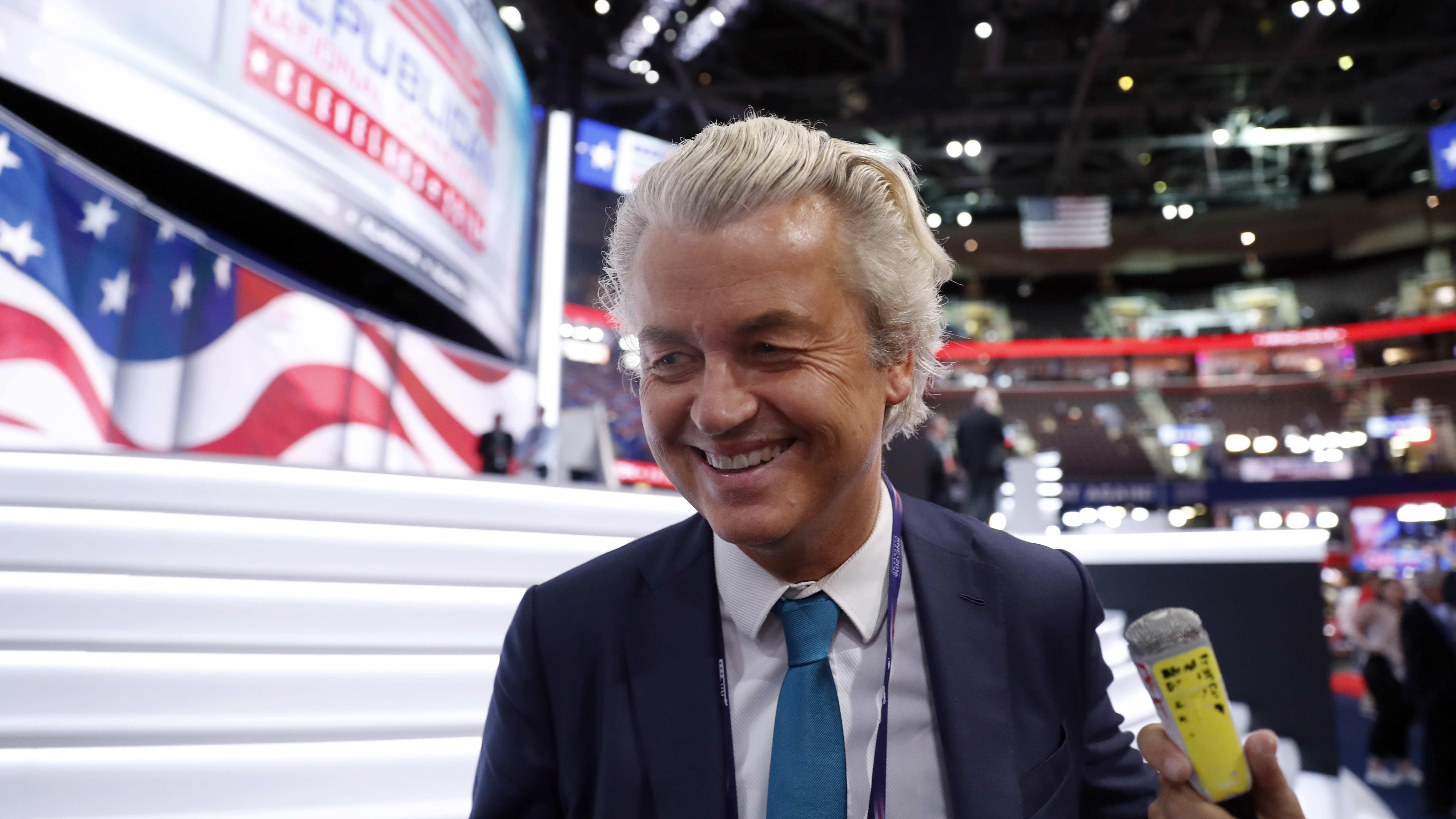 Dutch lawmaker Geert Wilders talks to reporters at the Republican National Convention in Cleveland in July. The Dutch press has dubbed Wilders "the Dutch Donald Trump" because of his rhetoric against immigrants.