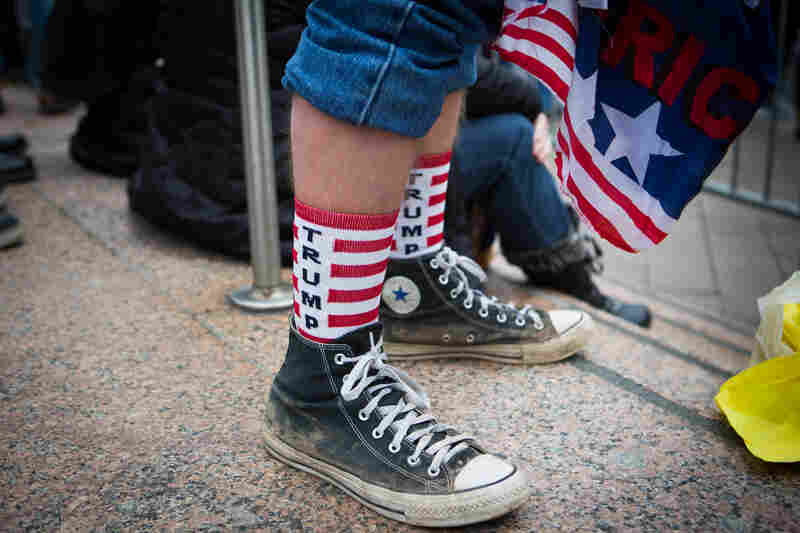 A spectator sports Trump-themed socks near the National Mall.