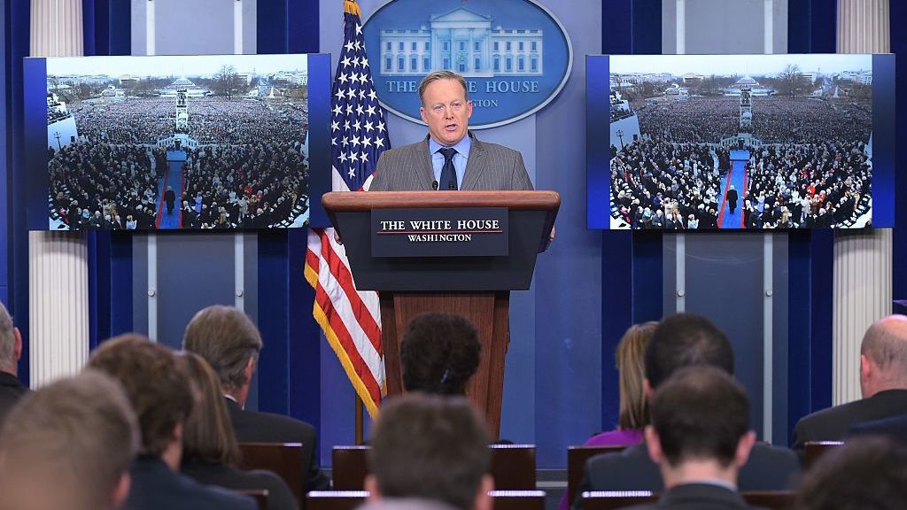 White House Press Secretary Sean Spicer delivers a statement in the Brady Briefing Room of the White House on Saturday. (AFP/Getty Images)