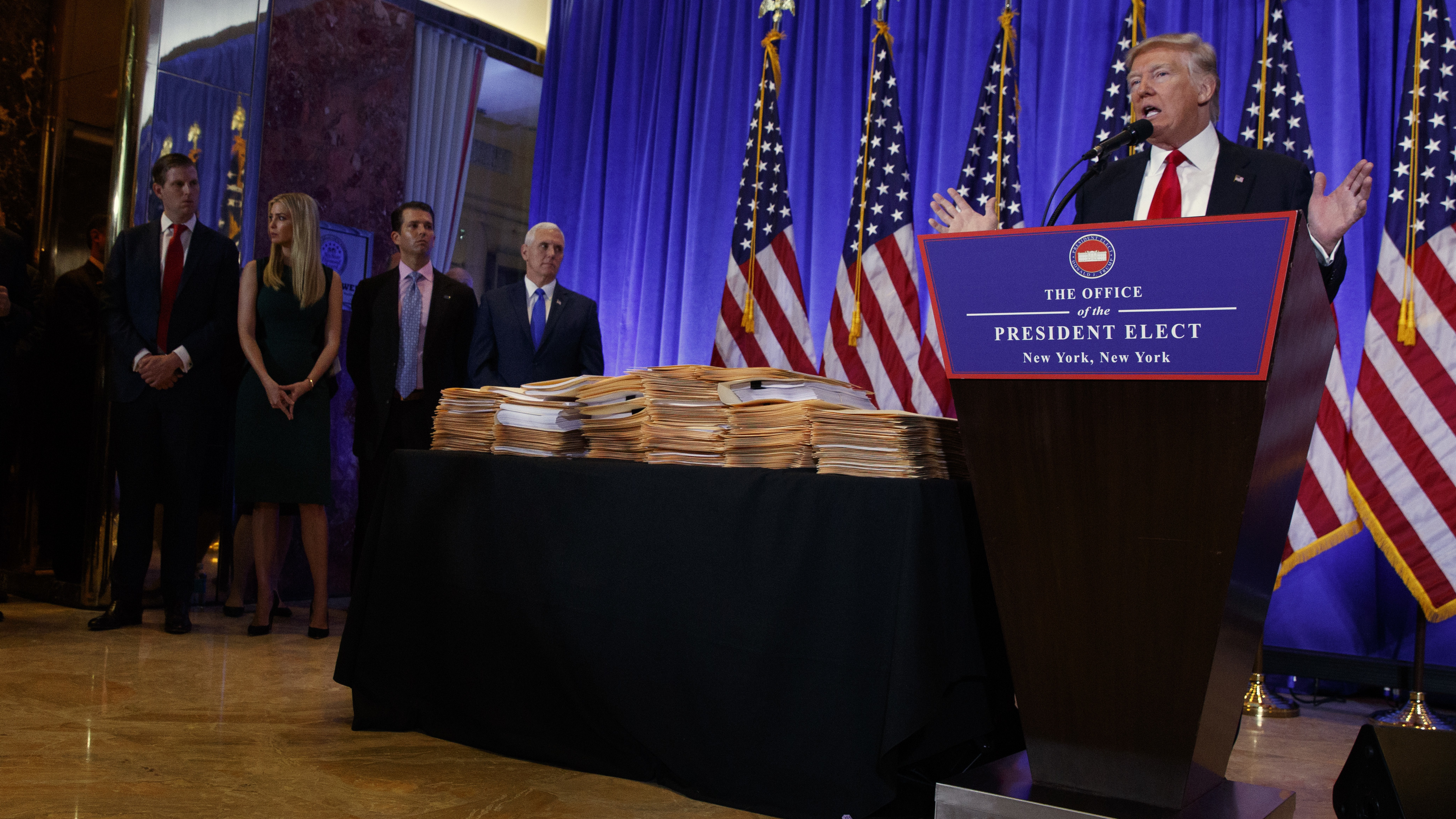 As president-elect, Donald Trump promised to give up legal control of his companies at his Jan. 11 press conference. Next to him was a stack of documents he said would sever his business ties.