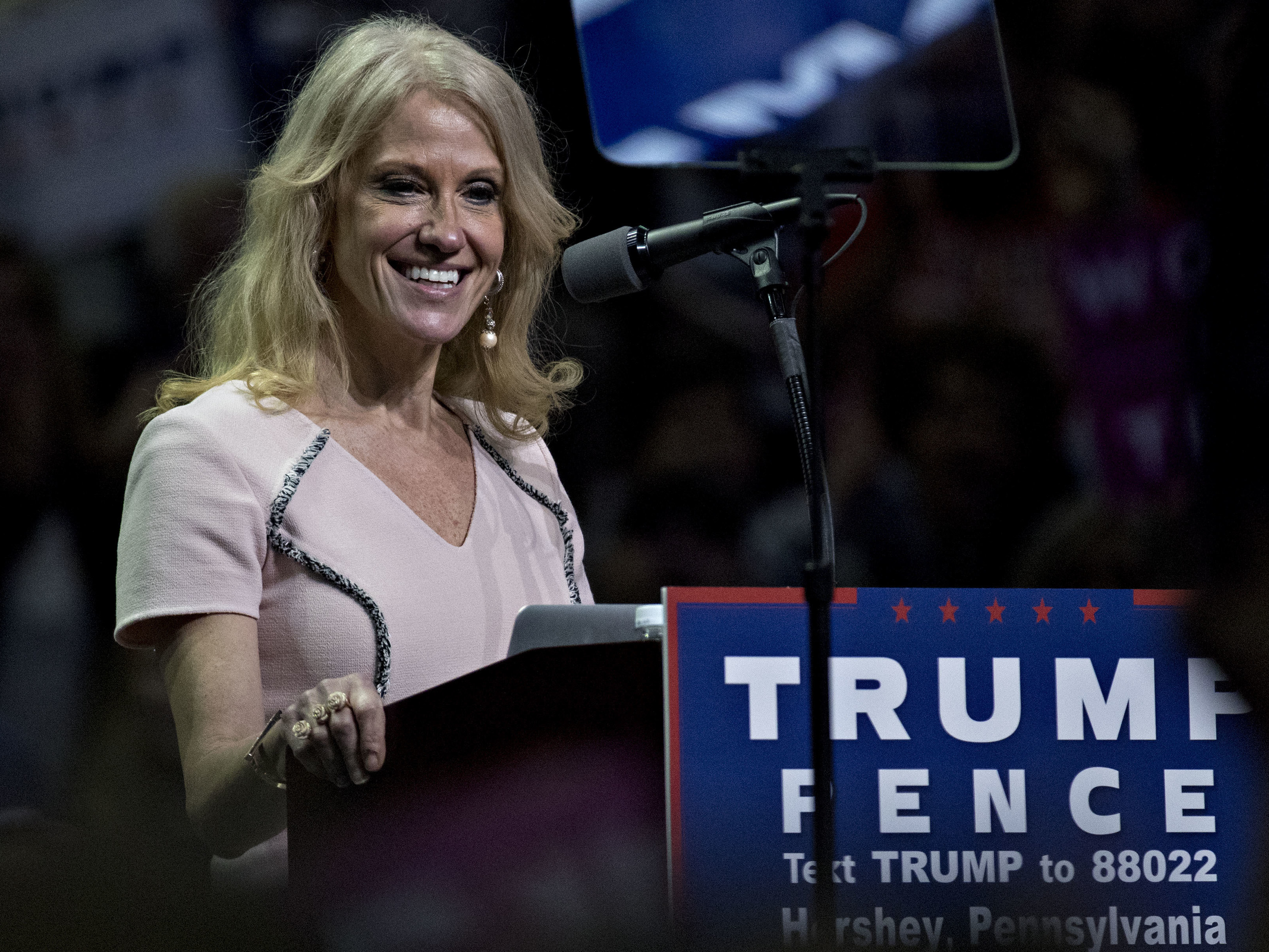 Kellyanne Conway, now an adviser to President Donald Trump and seen here at a November campaign rally, said on NBC News that the Trump administration plans to move Medicaid financing to block grants administered by states. (Bloomberg via Getty Images)