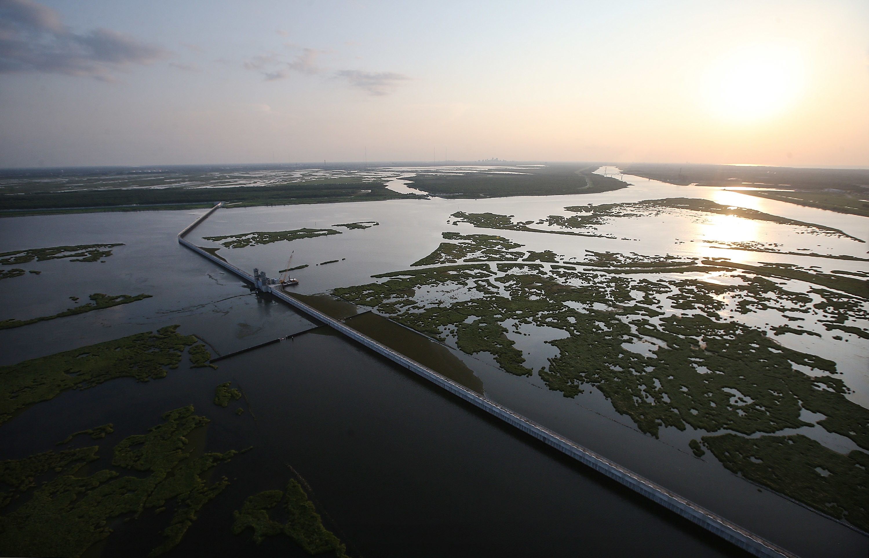 Wetlands and marshlands that once protected New Orleans and the surrounding areas from storm surge have been depleted over the years. Here, the $1.1 billion Lake Borgne Surge Barrier outside New Orleans in 2015. (Getty Images)