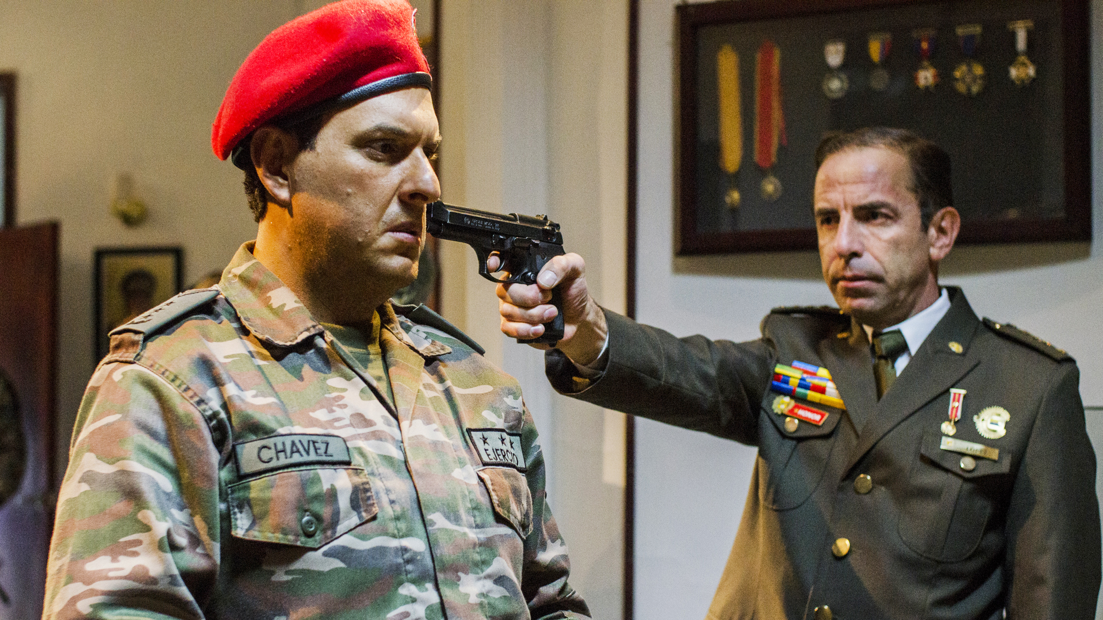 Colombian actor Andres Parra (left) plays Hugo Chavez in the new telenovela, El Comandante.