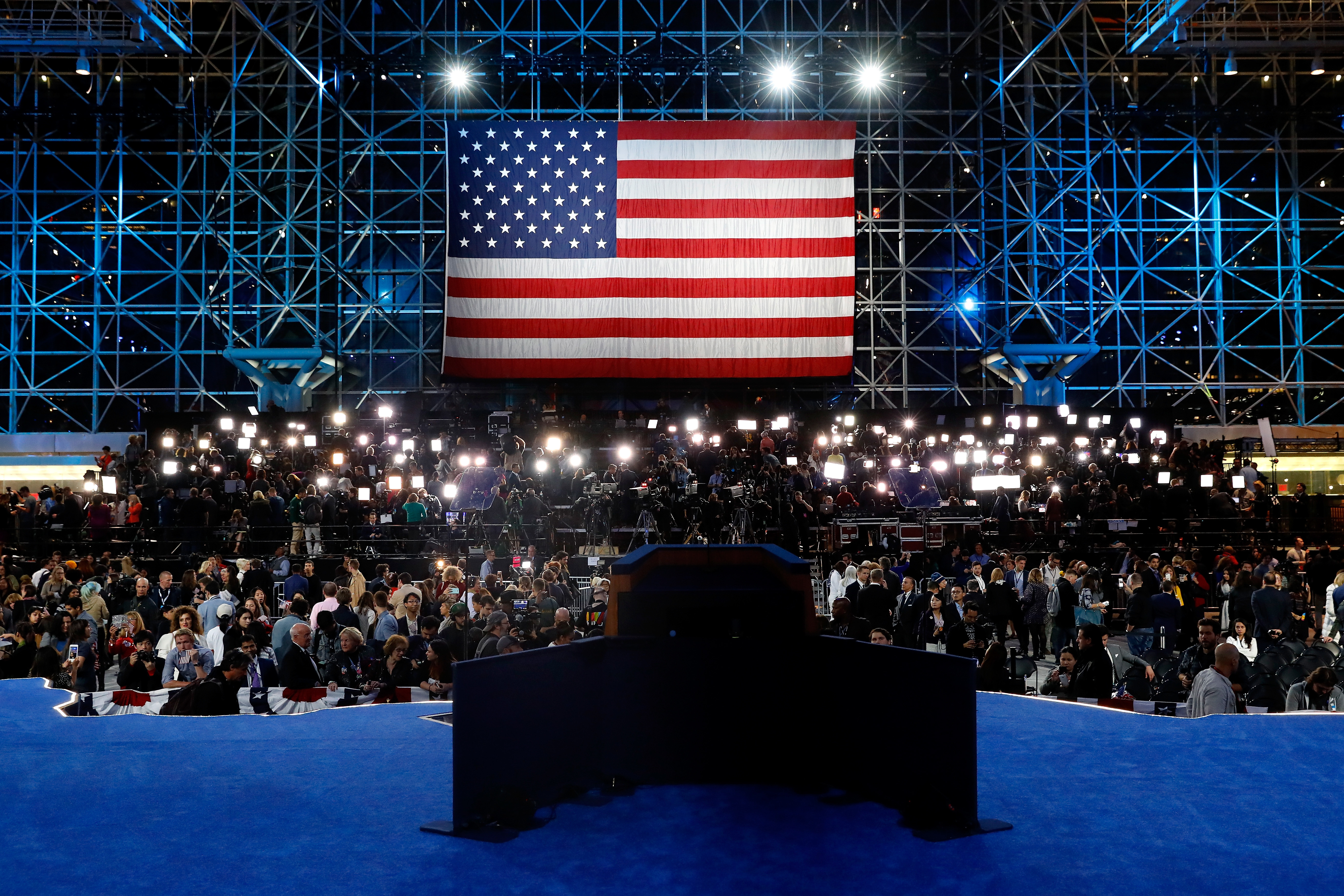 The empty stage for Democratic presidential nominee Hillary Clinton on election night at the Jacob K. Javits Convention Center. (Getty Images)