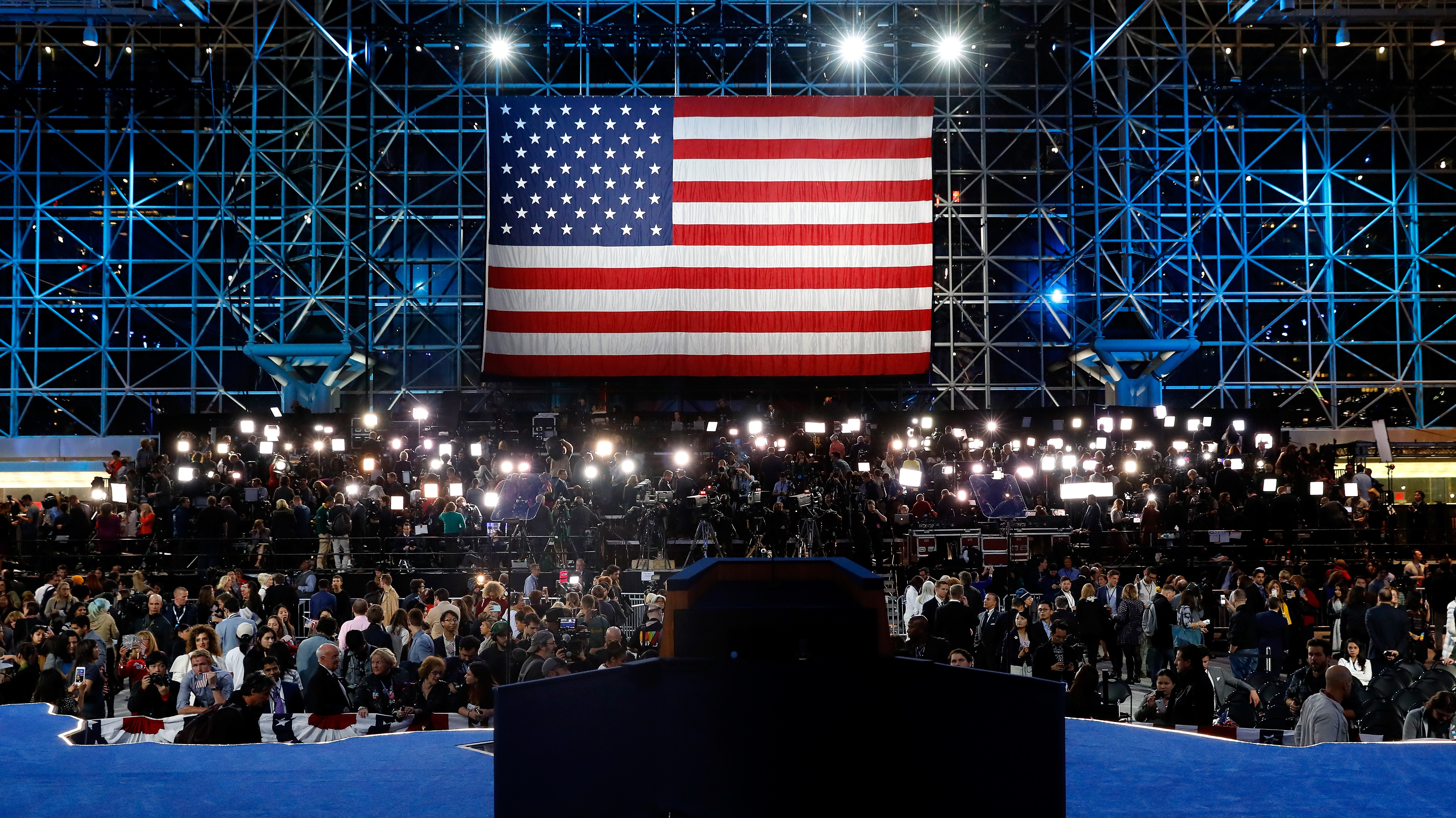 The empty stage for Democratic presidential nominee Hillary Clinton on election night at the Jacob K. Javits Convention Center.