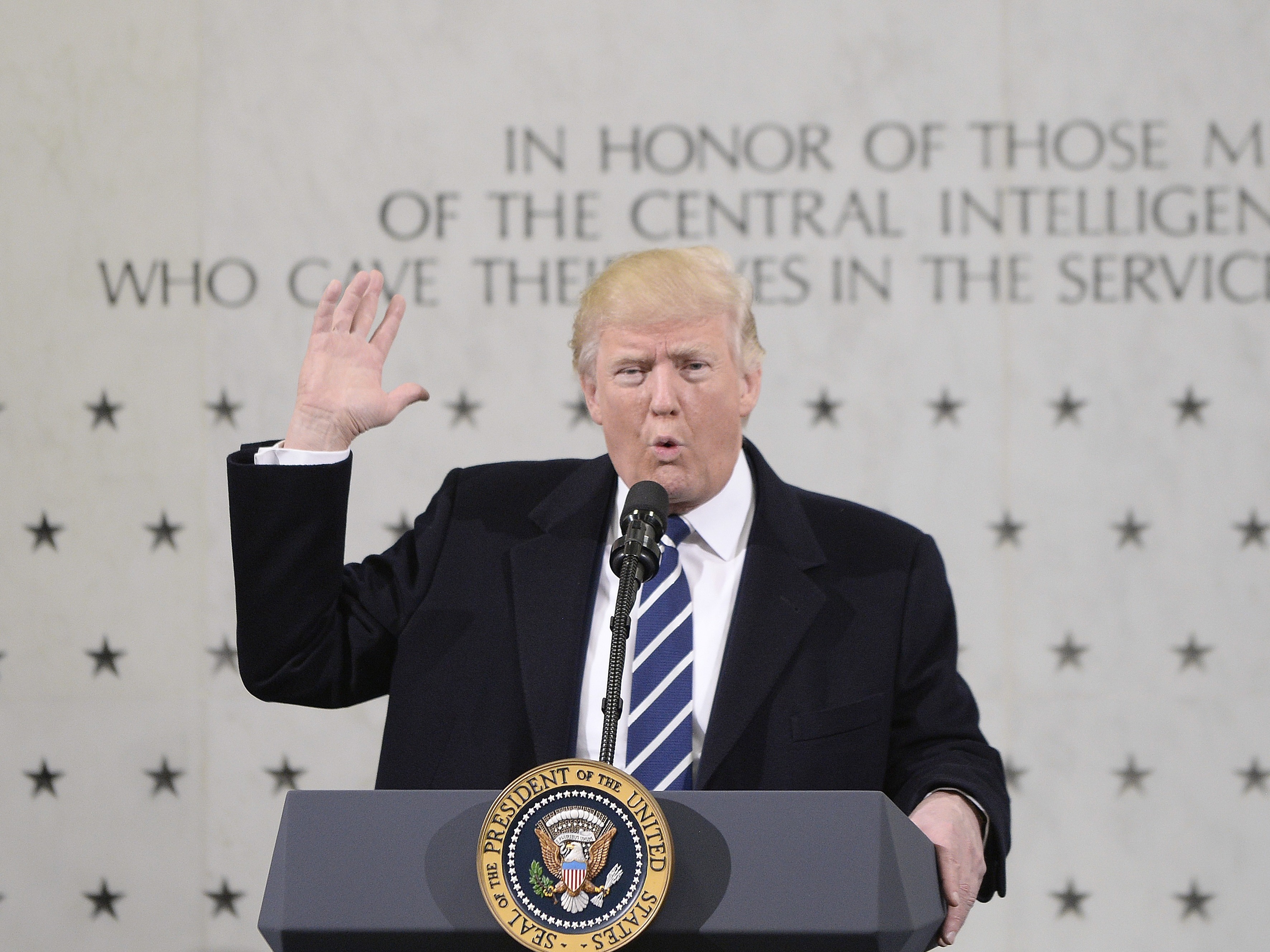 President Trump spoke at CIA headquarters in Langley, Va., on Jan. 21. He blamed the media for reports that he is feuding with the intelligence services, after comparing them to Nazi Germany. (Getty Images)