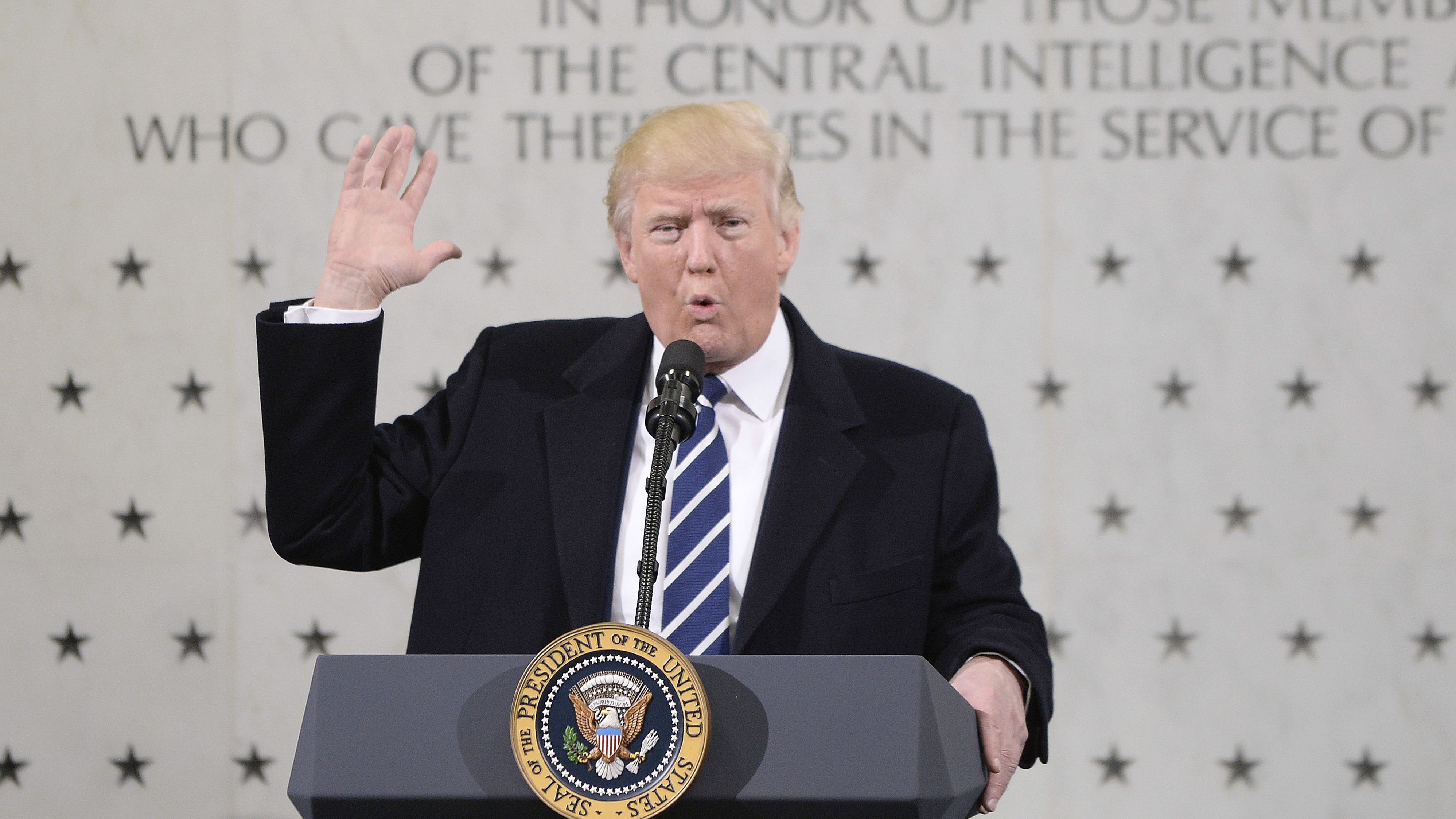 President Trump spoke at CIA headquarters in Langley, Va., on Jan. 21. He blamed the media for reports that he is feuding with the intelligence services, after comparing them to Nazi Germany.