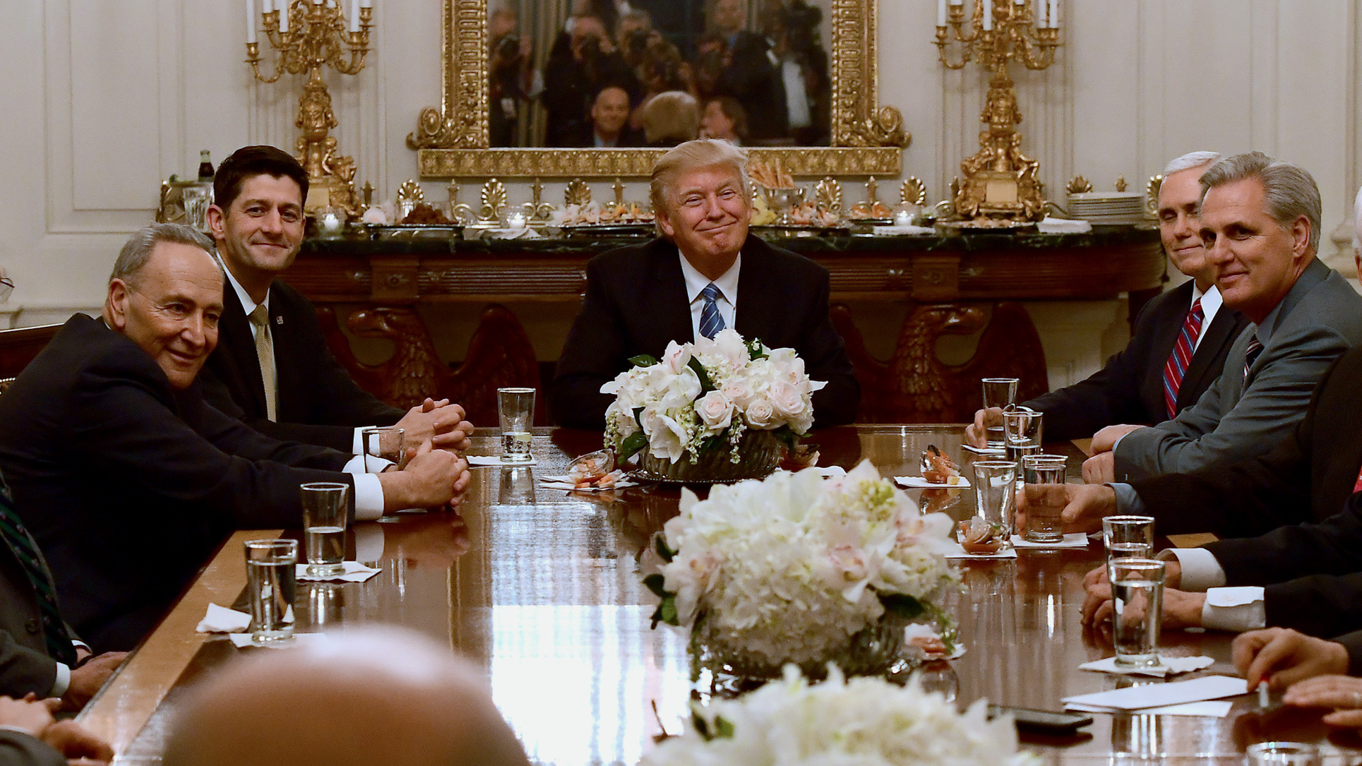 President Trump hosts Democratic and Republican congressional leaders in the State Dining Room of the White House on Monday.