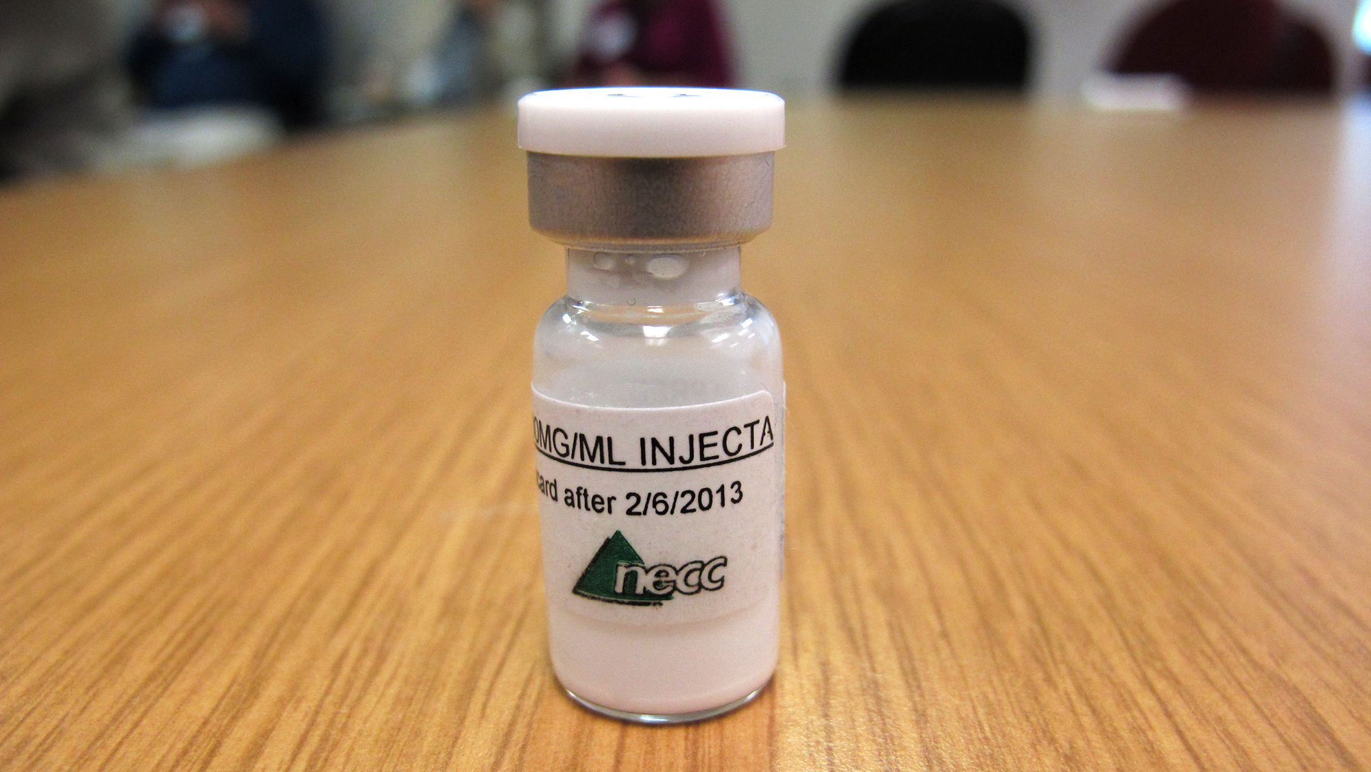 A vial of injectable steroids from the New England Compounding Center seen at the Tennessee Department of Health in Nashville in 2012.