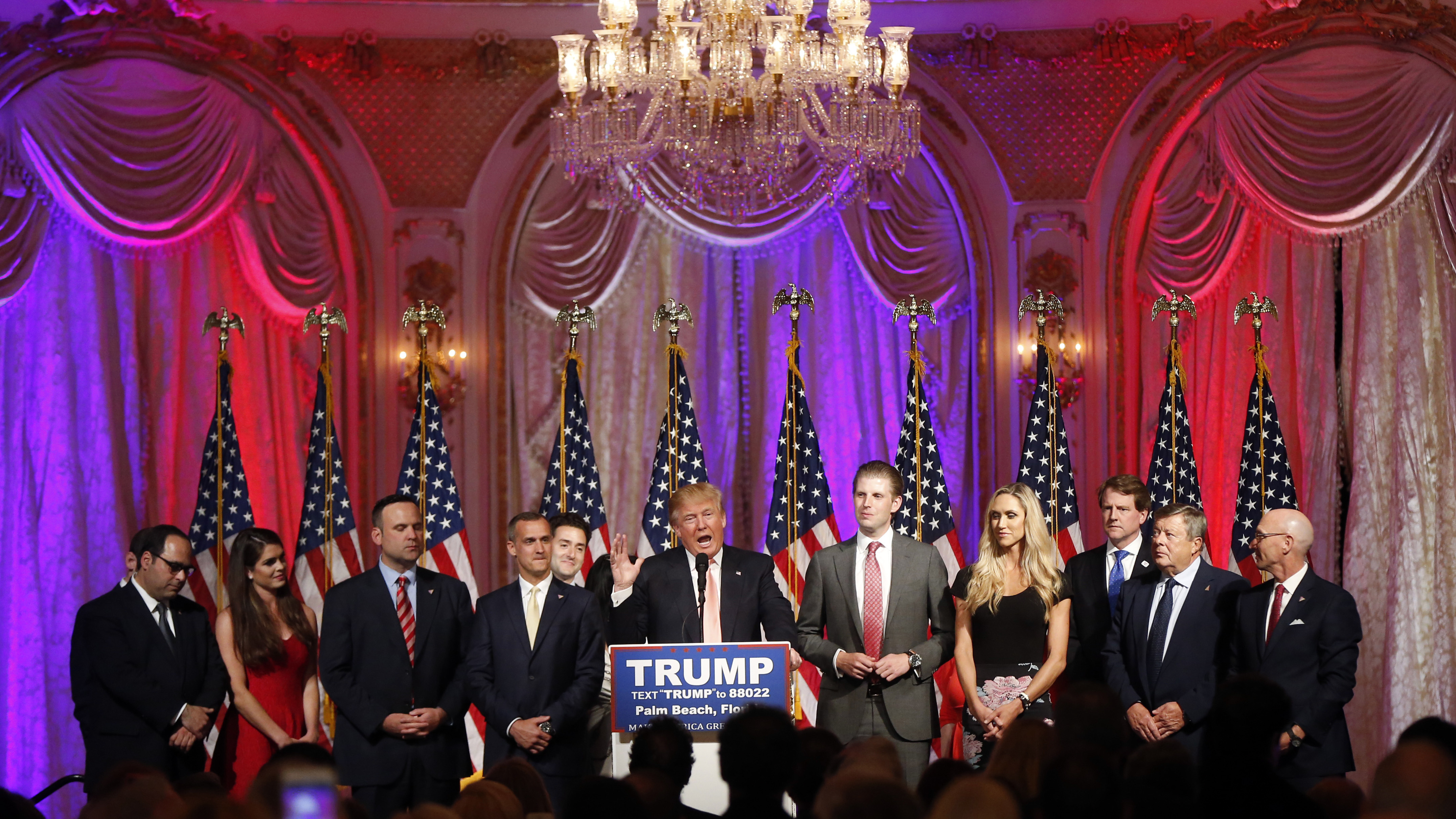 Donald Trump speaks to supporters at a primary election night event in March 2016, at his Mar-a-Lago Club in Palm Beach, Fla.)