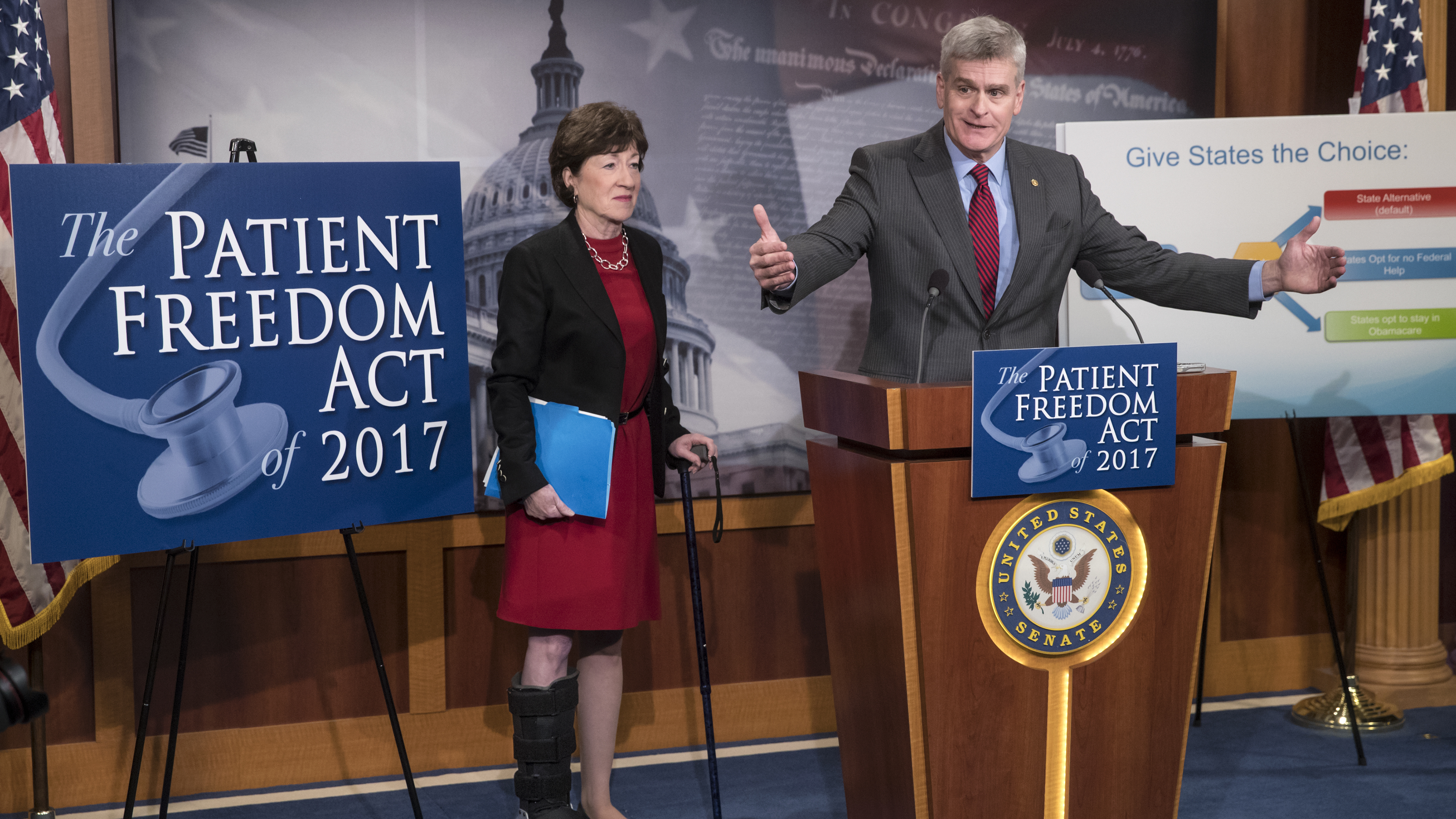 Sen. Bill Cassidy, R-La., accompanied by Sen. Susan Collins, R-Maine, announces the Patient Freedom Act of 2017, one of several GOP plans to replace the Affordable Care Act.