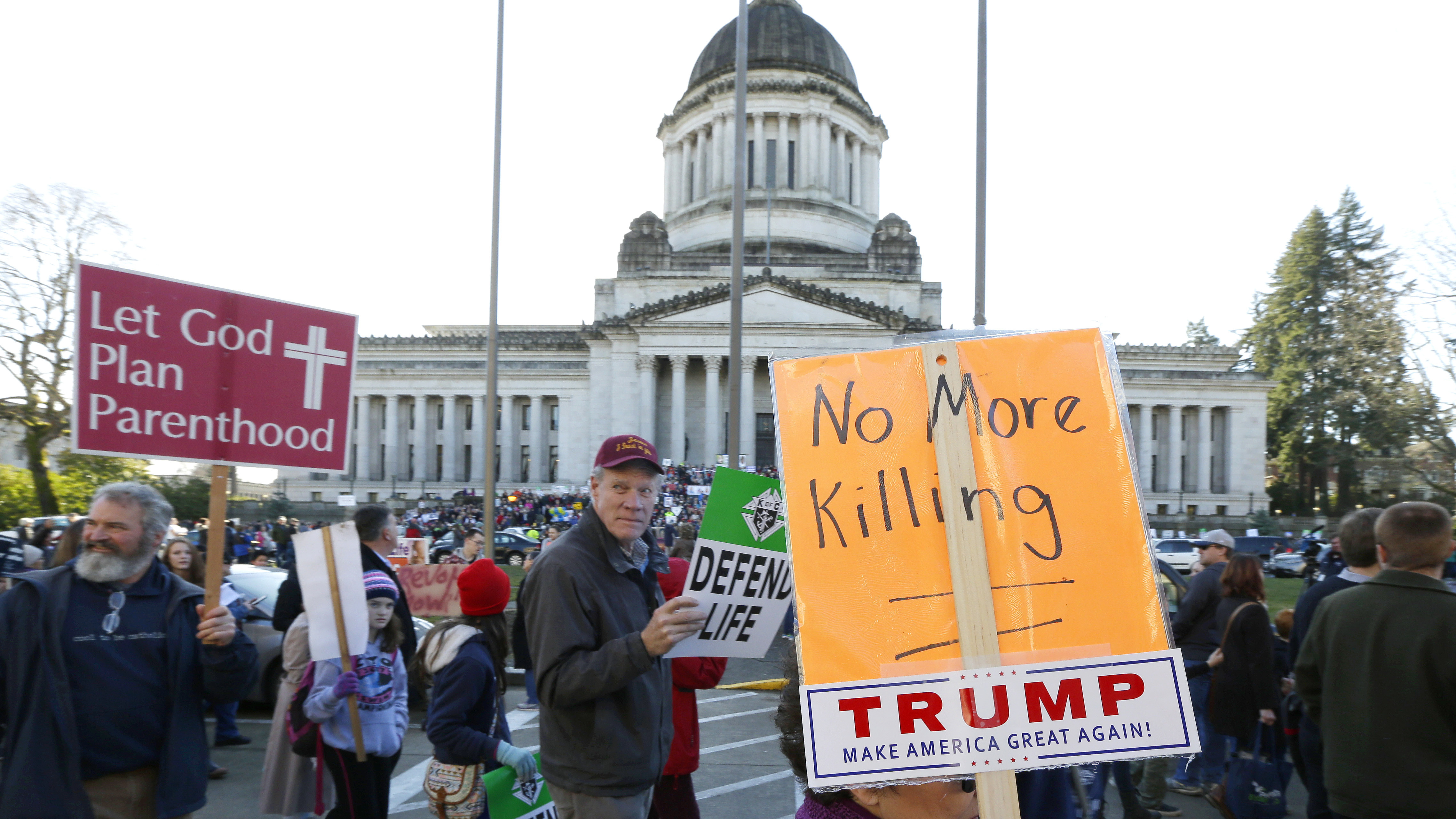 Anti-abortion demonstrators mark the anniversary of Roe v. Wade on Jan. 23, 2017, at the Capitol in Olympia, Wash.