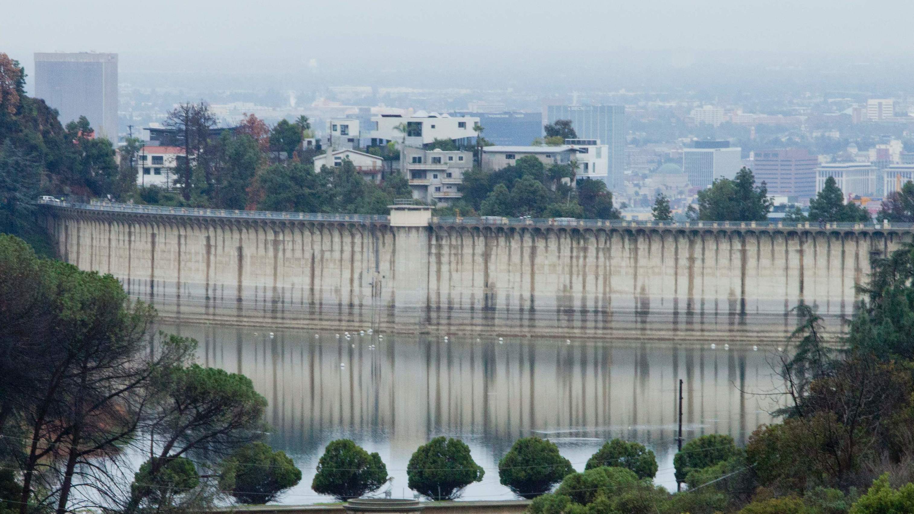 A view of Lake Hollywood in Los Angeles during a rain storm earlier this month. Heavy precipitation has eased drought conditions in much of the state. (AFP/Getty Images)