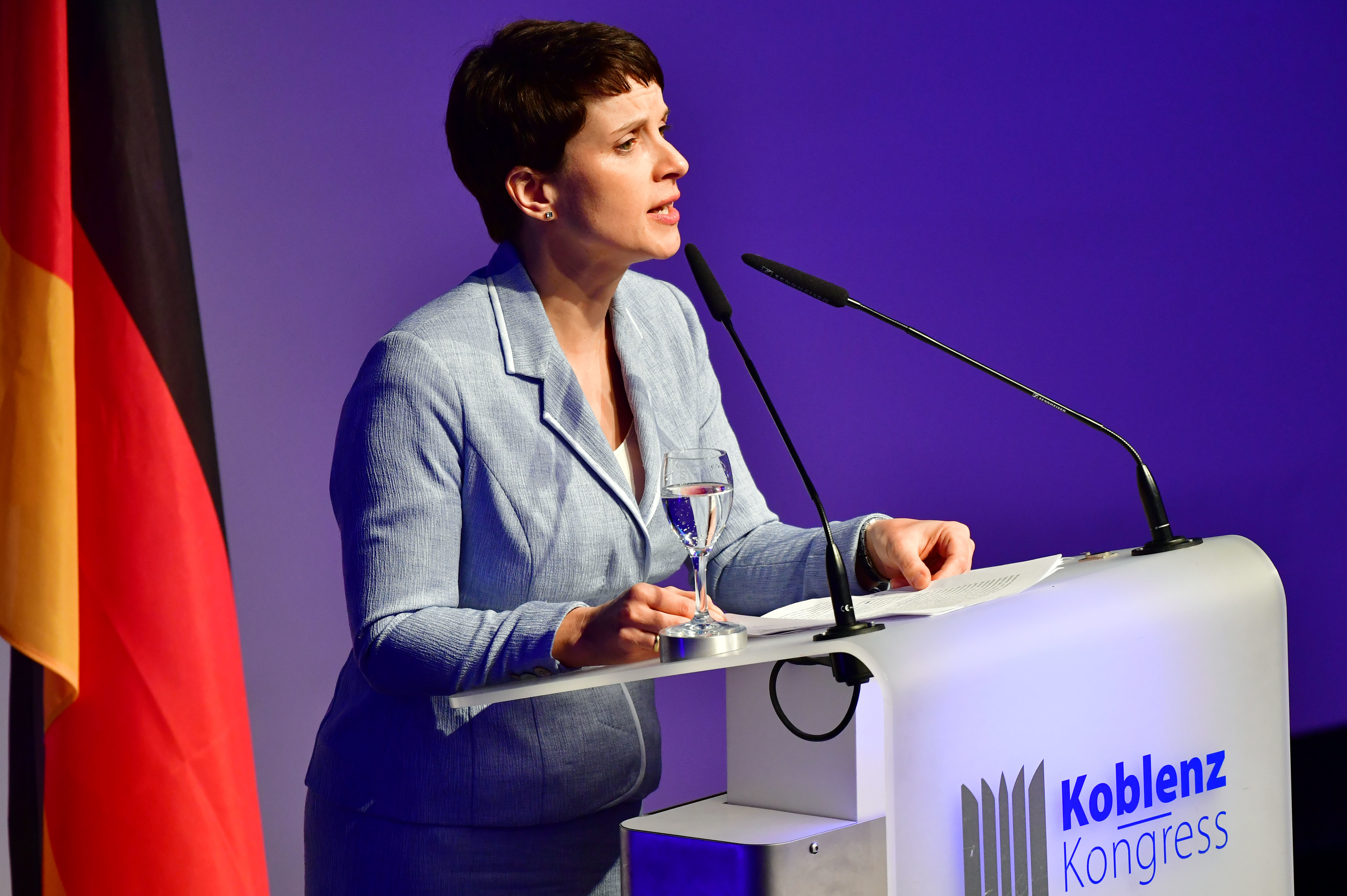 Frauke Petry, leader of the Alternative for Germany (AfD) political party, speaks at a conference of European right-wing parties on January 21 in Koblenz, Germany. (Getty Images)