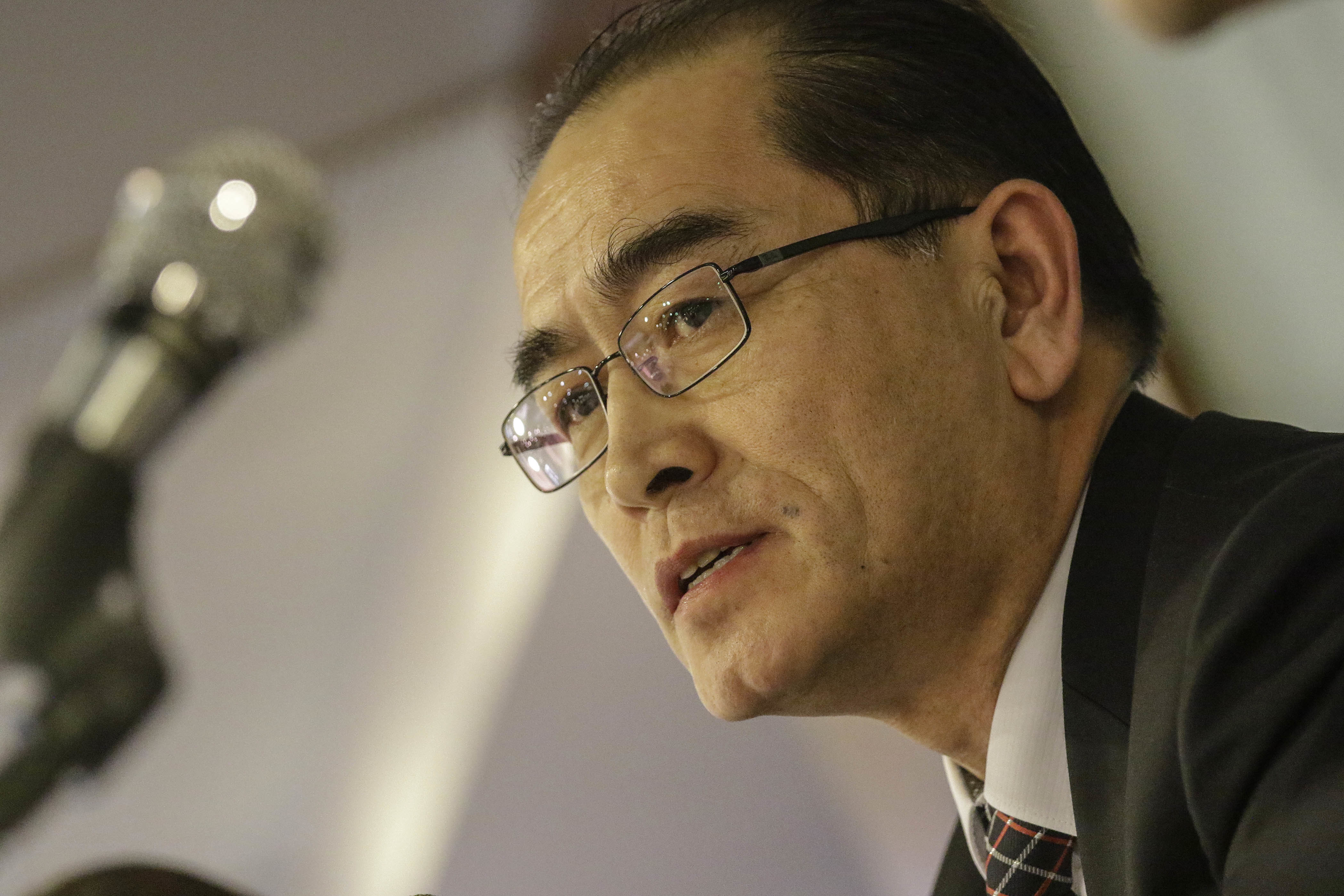 Former North Korean deputy ambassador to London Thae Yong Ho speaks during a briefing on Wednesday in Seoul. (NurPhoto via Getty Images)