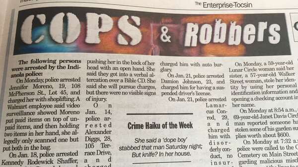 A shot of the crime haiku, smack in the middle of the popular "Cops and Robbers" section of The Enterprise-Tocsin.