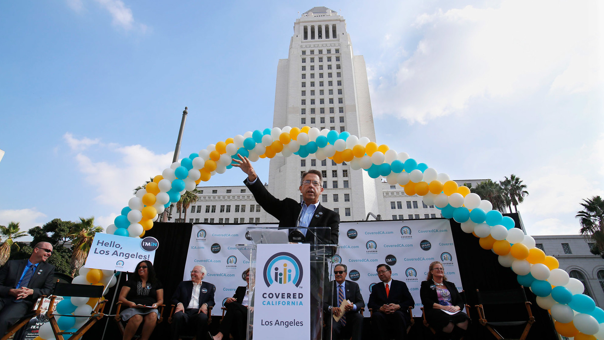 Peter Lee, executive director of Covered California, speaks during an enrollment event in Grand Park, in front of Los Angeles City Hall, on Nov. 14.