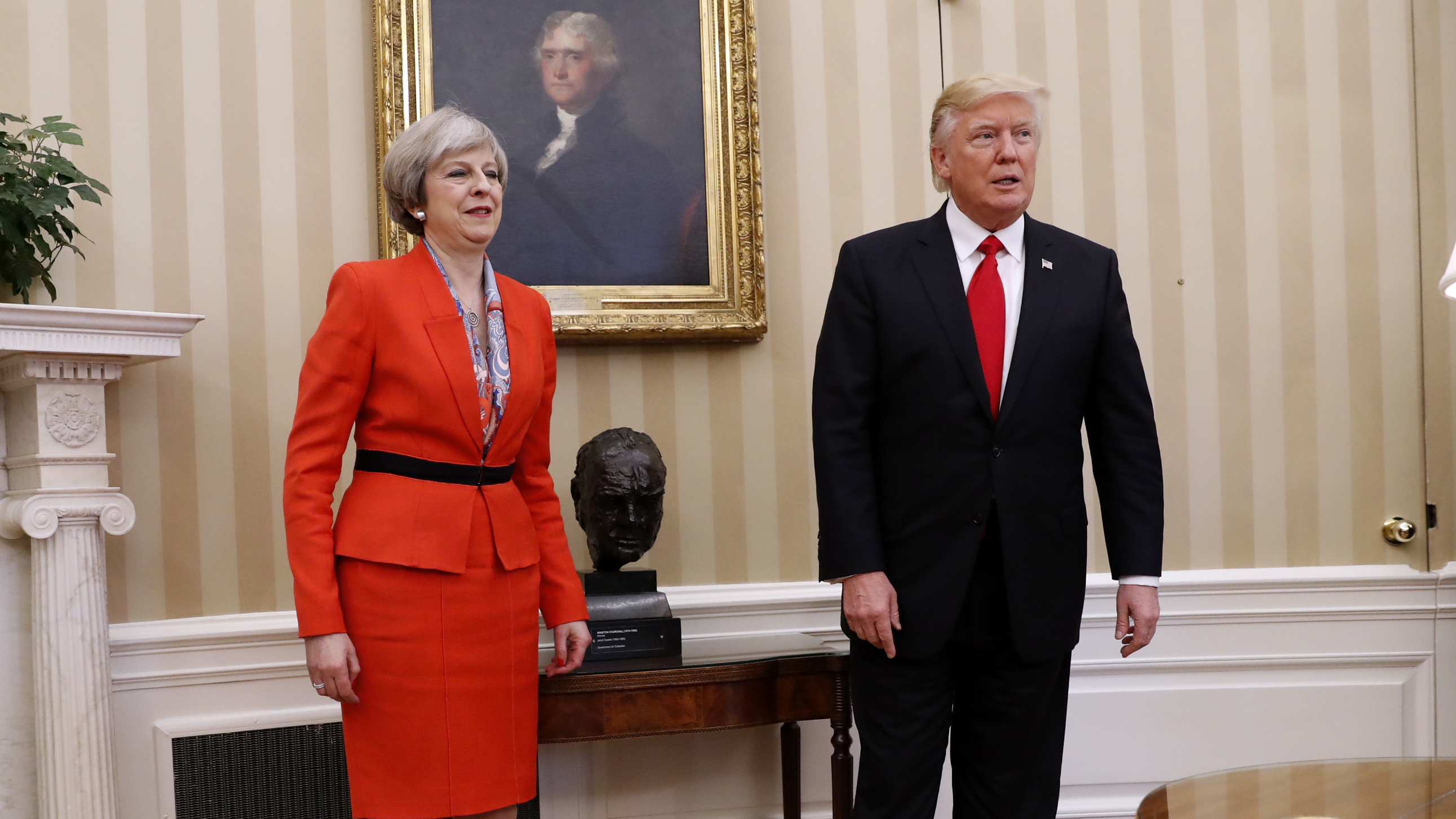 President Trump and British Prime Minister Theresa May, in the Oval Office on Friday before a private meeting.