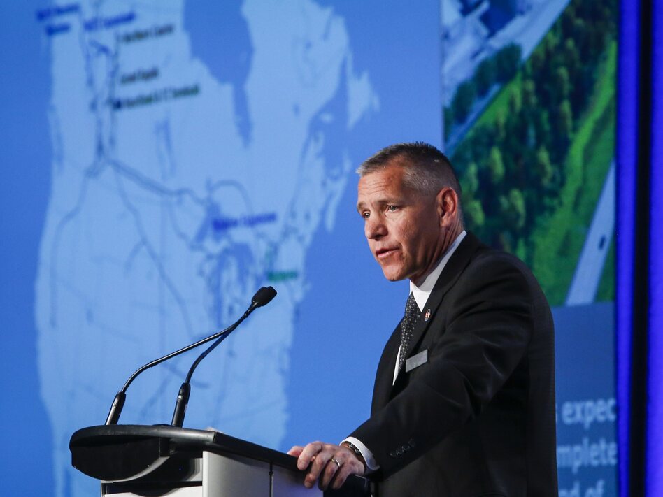 Russ Girling, president and CEO of TransCanada Corporation, addresses the company's annual meeting in 2015 in Calgary, Alberta. (Jeff McIntosh/The Canadian Press)