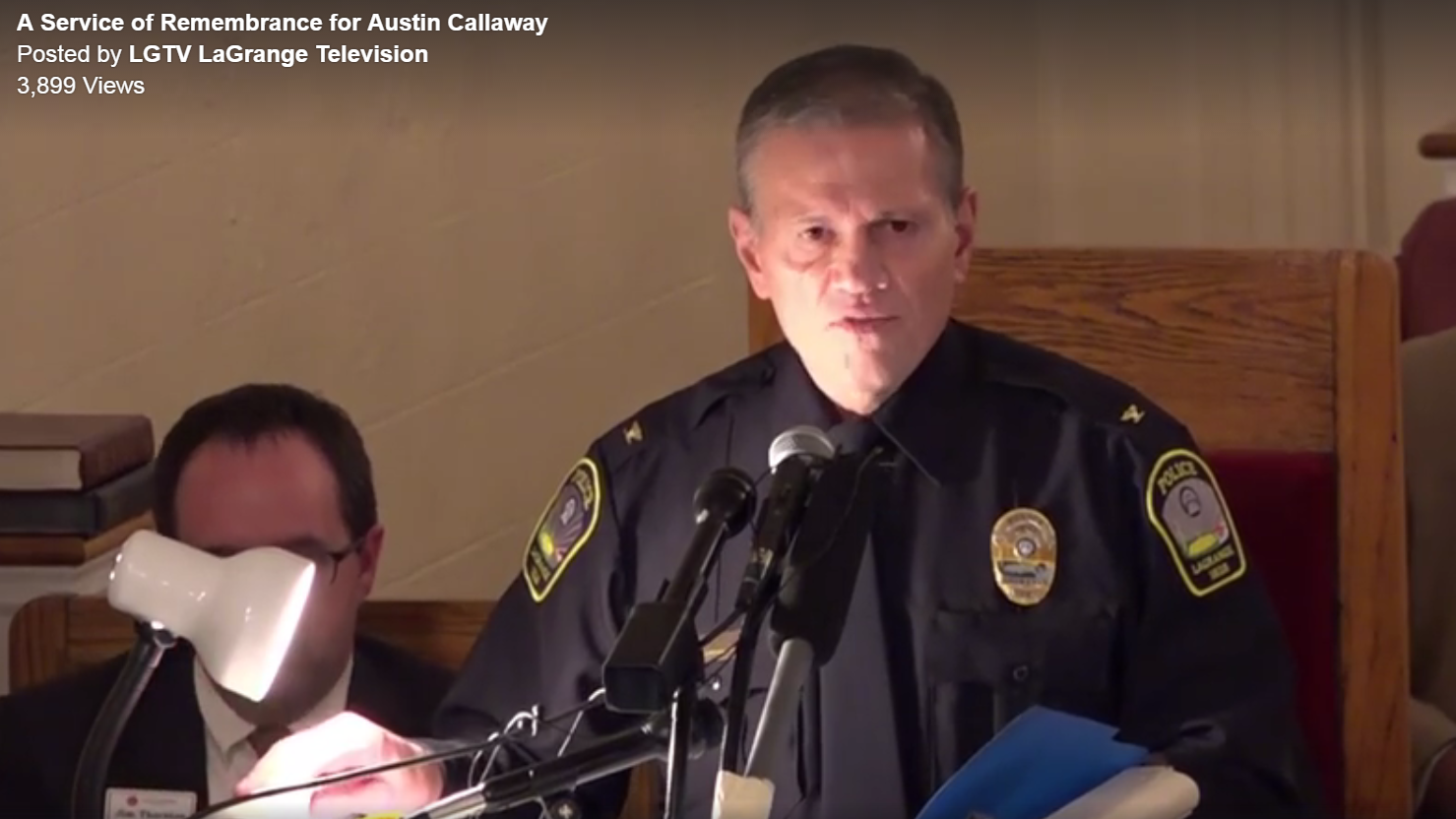 LaGrange Police Chief Louis Dekmar, at the Thursday remembrance for Austin Callaway. (Screenshot by NPR)