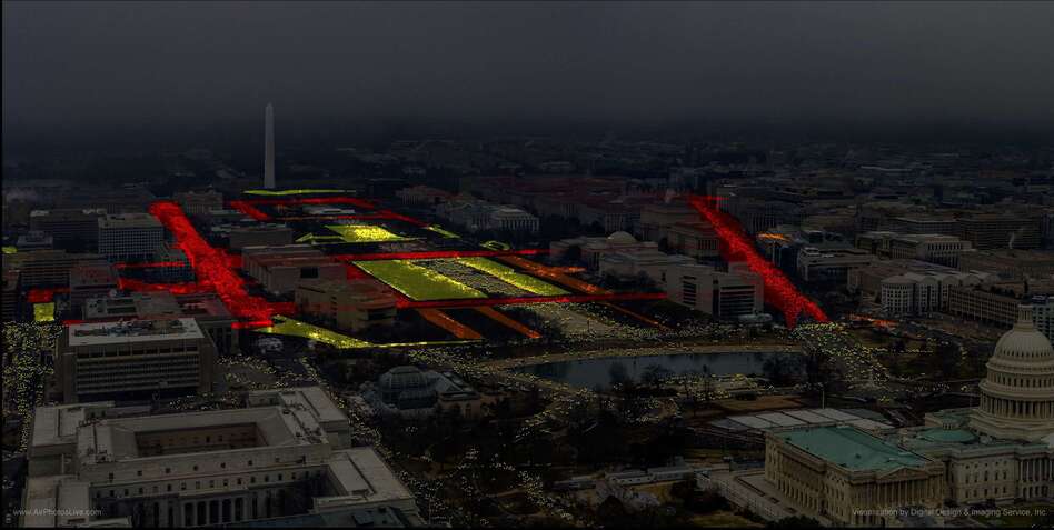 An overlay of a high-resolution photograph of the Women's March shows crowd density. Red areas are the highest density, followed by orange and yellow. In all the photo suggests about 440,000 people attended the march. (Digital Design & Imaging Service )