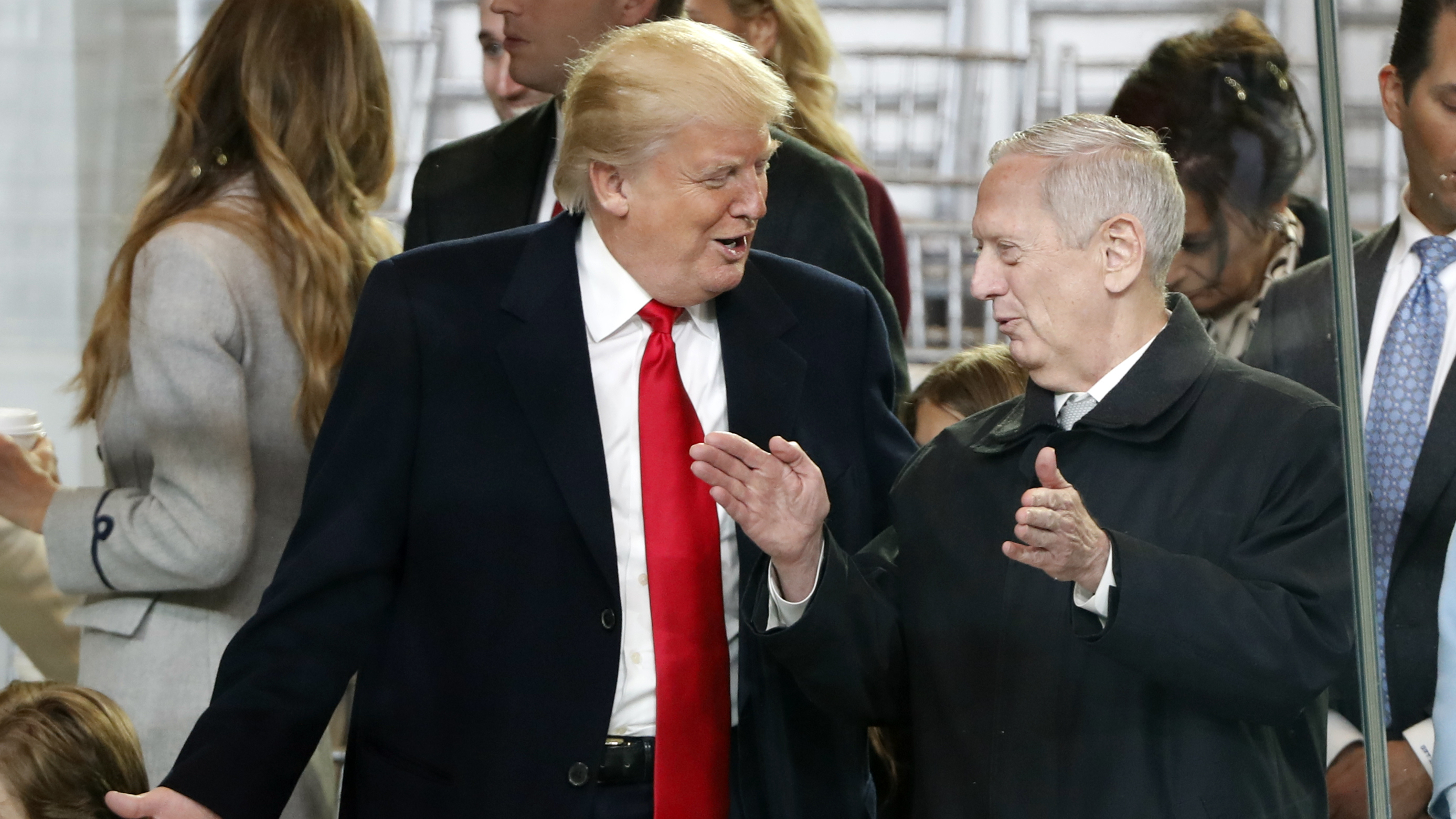 President Trump and Defense Secretary James Mattis speak at the Inauguration Day parade on Jan. 20. Trump heads to the Pentagon on Friday and is expected to speak with Mattis and the military brass about his campaign pledge for a stepped-up war against the Islamic State.