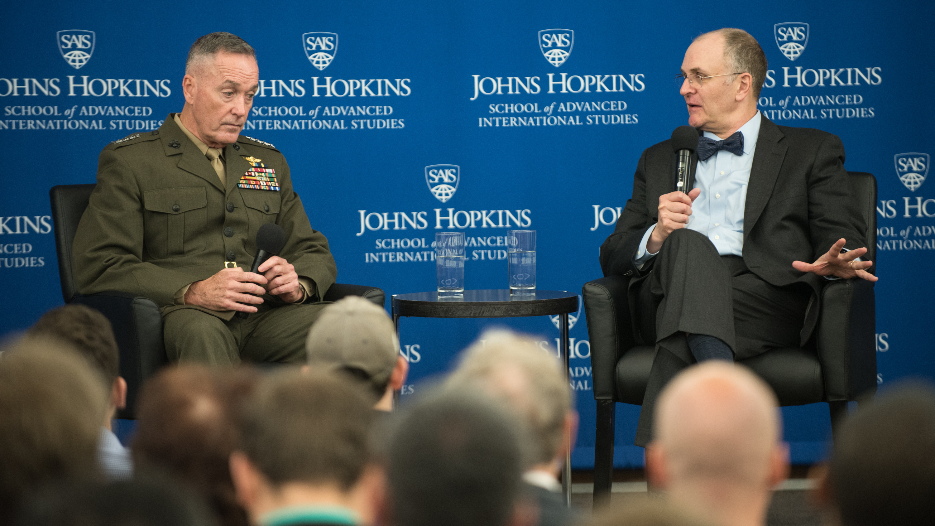 Eliot Cohen, director of the Strategic Studies program, poses a question to U.S. Marine Corps Gen. Joseph F. Dunford, Jr., chairman of the Joint Chiefs of Staff, at the Johns Hopkins University School of Advanced International Studies. (Office of the Chairman of the Joint Chiefs of Staff)