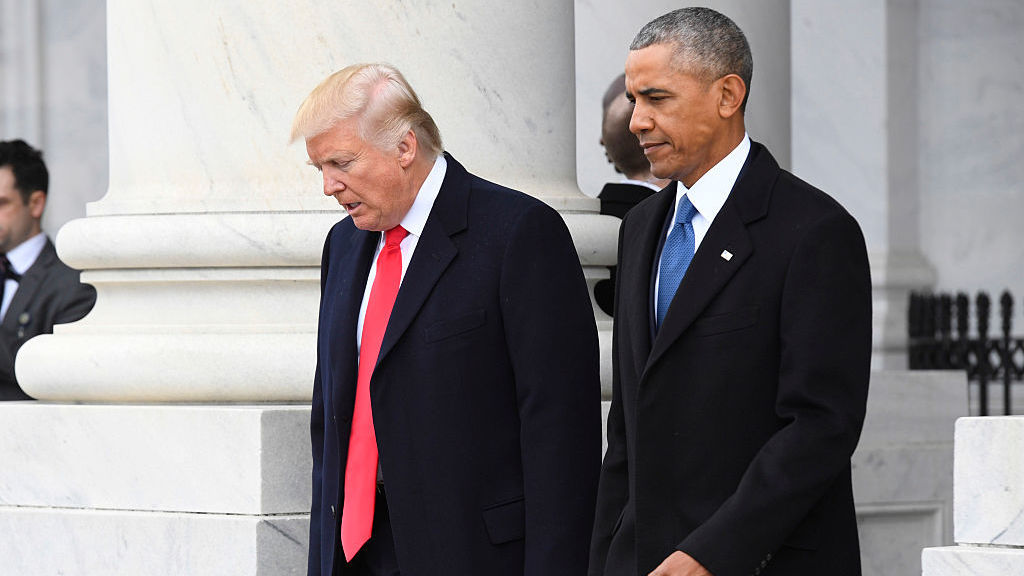 President Trump and former President Barack Obama walk out prior to Obama's departure during the 2017 presidential inauguration. (Getty Images)
