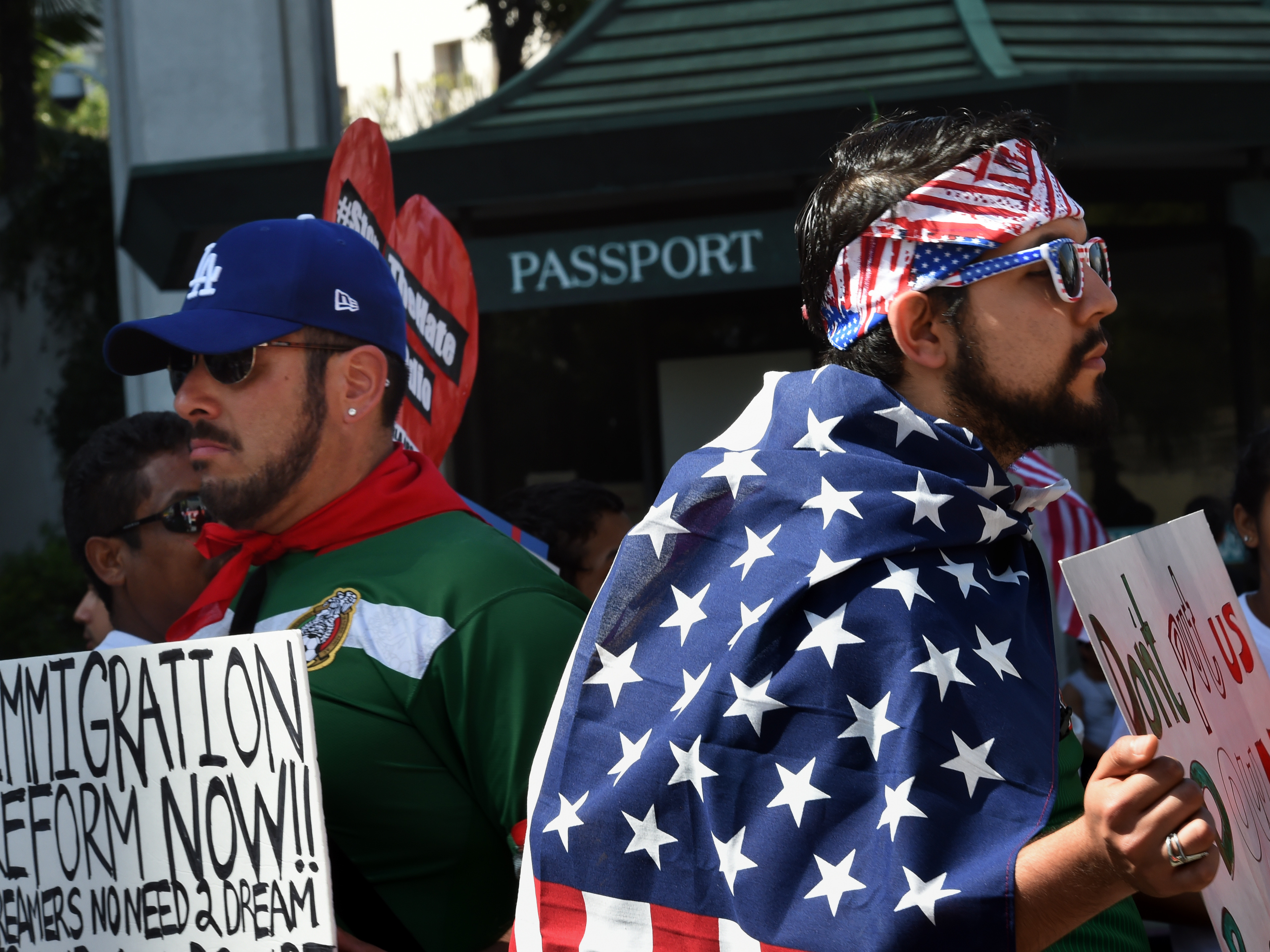 Immigration rights protesters march during a May Day rally to the Immigration and Customs Enforcement (ICE) detention center in Los Angeles, Calif. in 2016. (AFP/Getty Images)