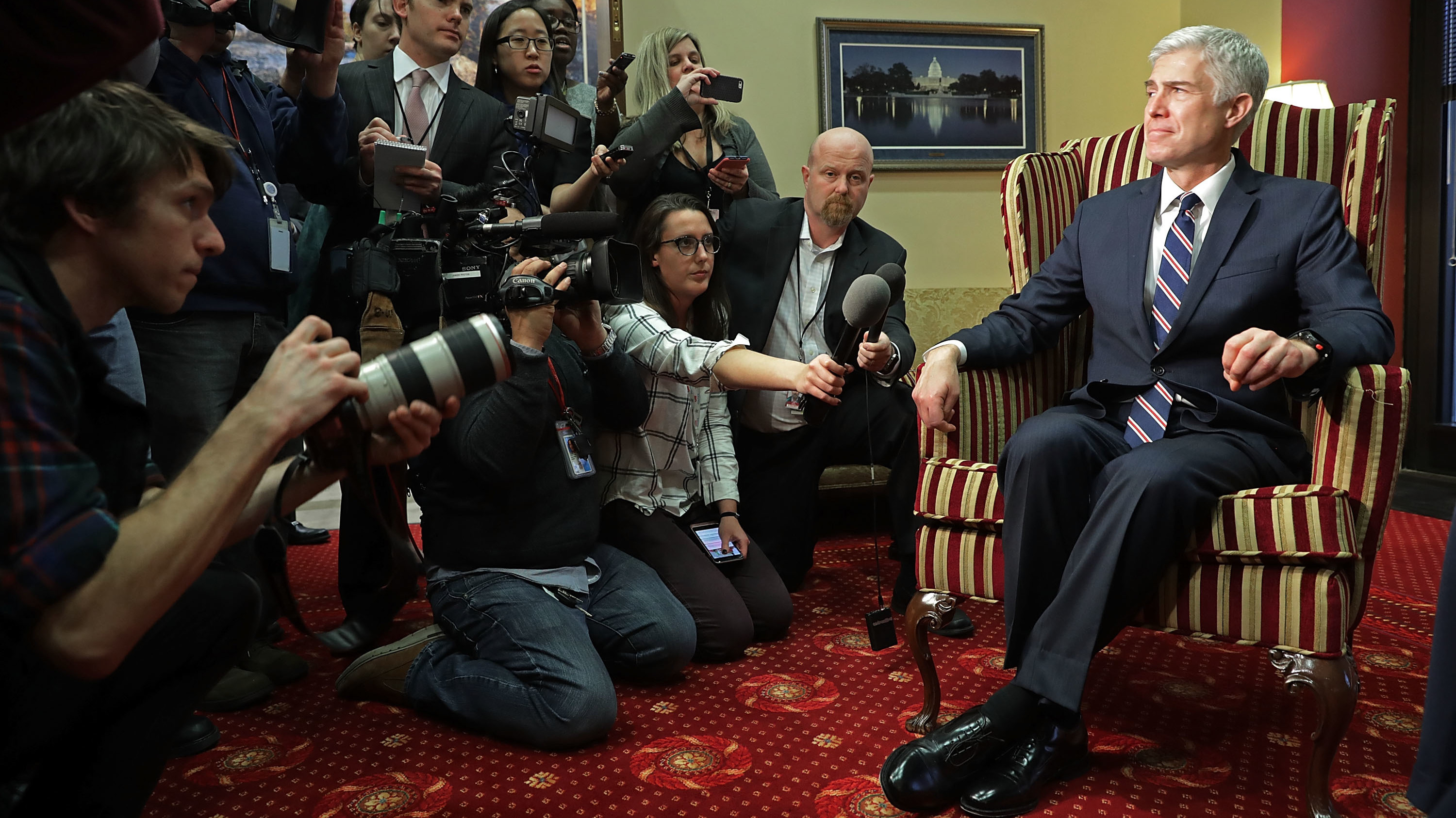 Supreme Court nominee Neil Gorsuch faces members of the media while meeting with Sen. Joe Manchin, D-W.Va., in his Senate office. (Getty Images)