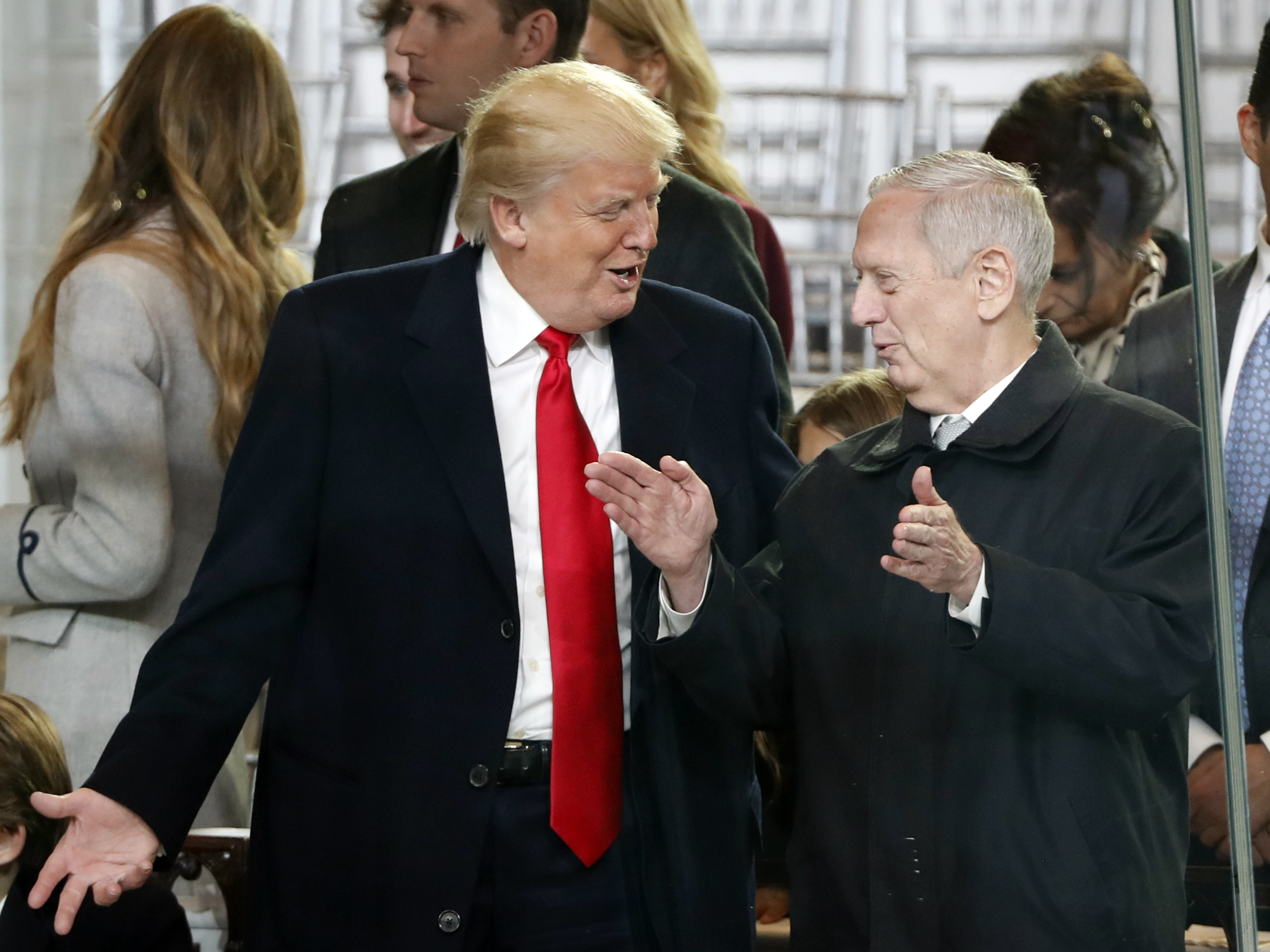 President Trump and Defense Secretary James Mattis speak on Inauguration Day. Mattis travels to South Korea and Japan this week in the administration's first major foreign trip. (AP)