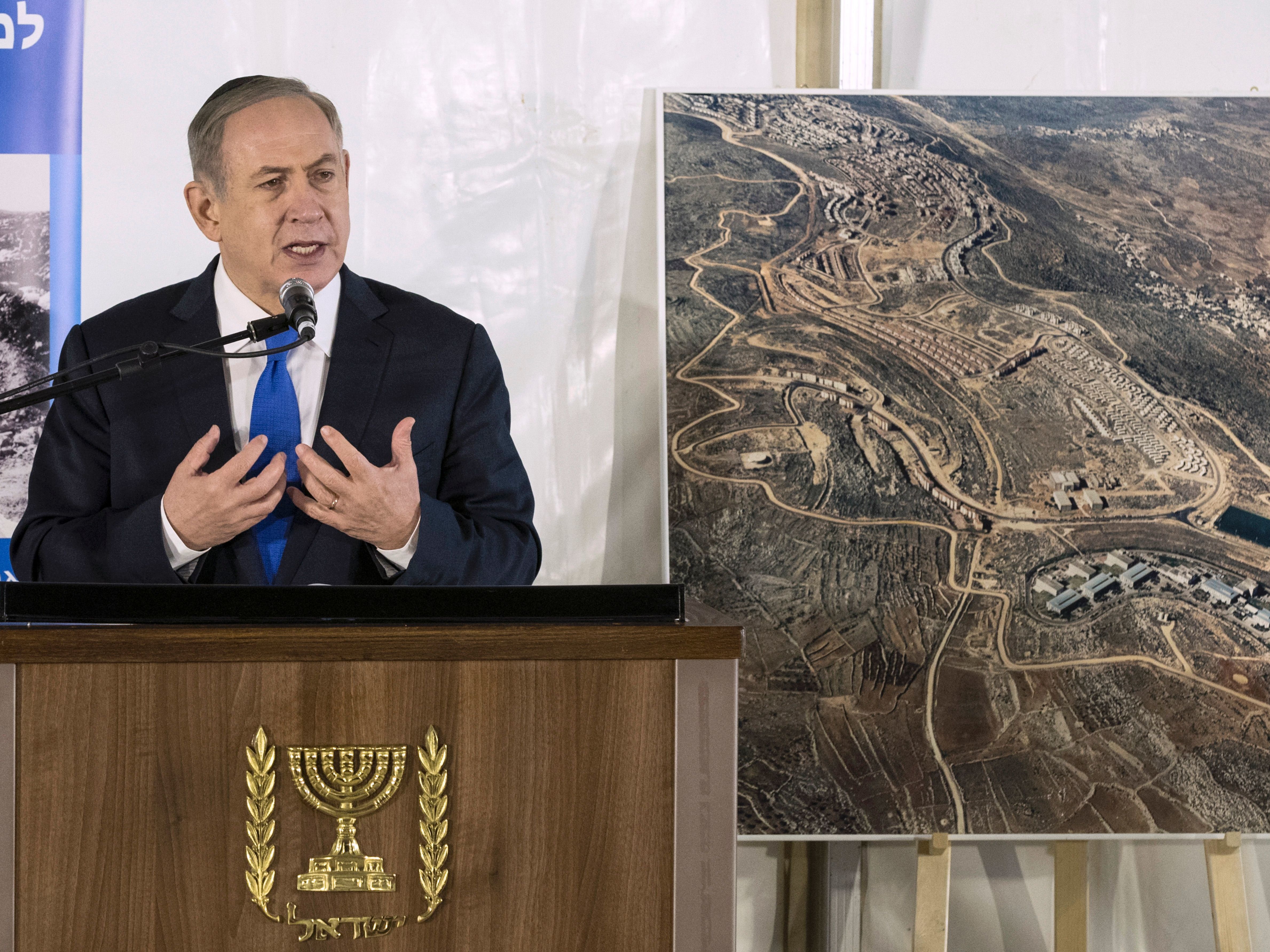 Israeli Prime Minister Benjamin Netanyahu delivers a speech during a memorial ceremony for the founder of Ariel, one of the largest Israeli settlements in the occupied West Bank on Thursday.
