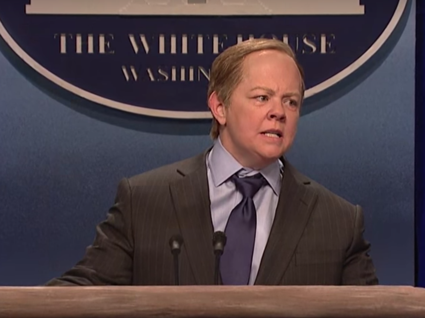 Melissa McCarthy portrays Press Secretary Sean Spicer in a sketch on this week's episode of <em>Saturday Night Live</em>. (Saturday Night Live/Screenshot by NPR)