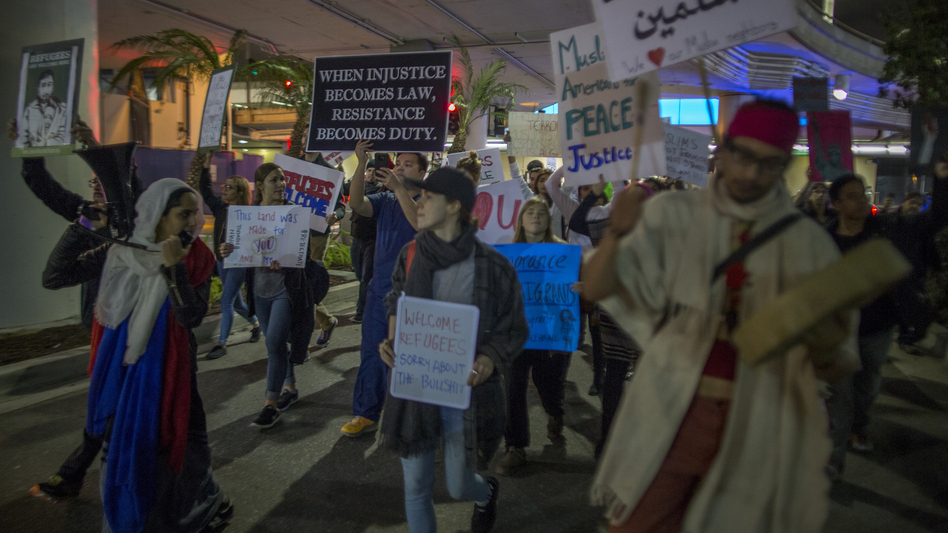 Demonstrators in Los Angeles march to support a federal judge's ruling that grants a nationwide temporary restraining order against President Trump's order to ban travel to the U.S. from seven Muslim-majority countries. (David McNew/Getty Images)