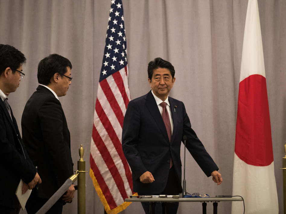 Prime Minister of Japan Shinzo Abe arrives to speak to reporters following a meeting with Donald Trump in November. (Drew Angerer/Getty Images)
