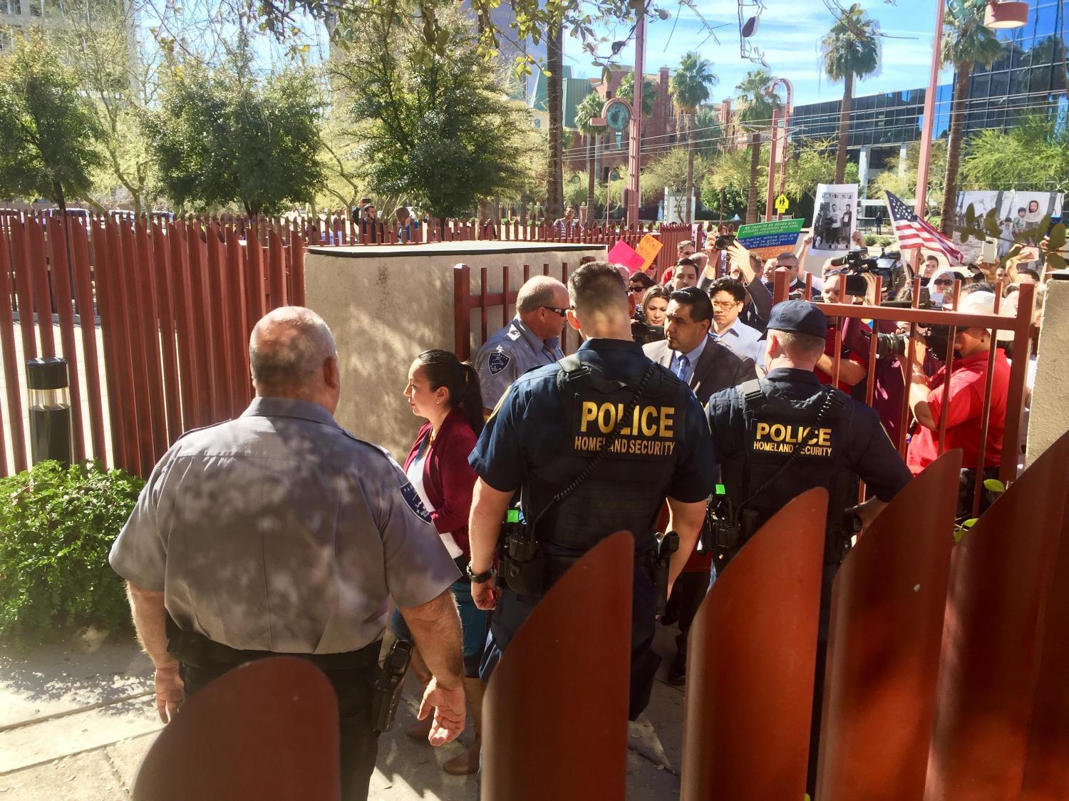 Guadalupe García de Rayos, shown here outside the Phoenix office of Immigration and Customs Enforcement, was deported after more than two decades of living in the U.S. (KJZZ)