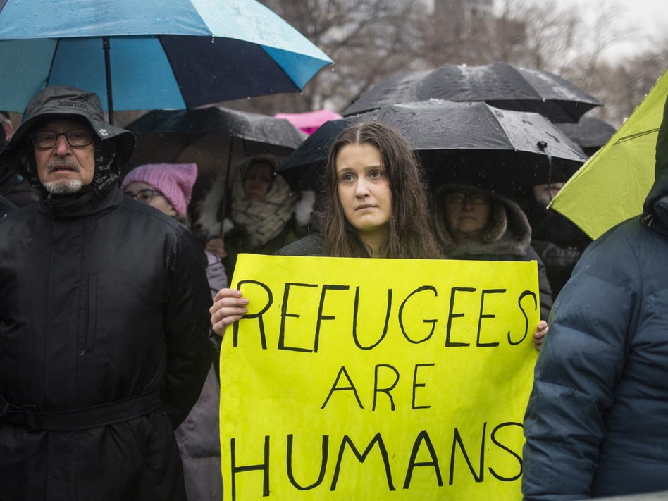 HIAS, a Jewish group that supports refugee resettlement, held a rally against President Trump's immigration ban on Feb. 12 in New York City. The group worries that giving governors the power to veto arrivals — something President Trump wants to do that last week's court ruling did not address — could unravel the resettlement program. (Alex Wroblewski/Getty Images)