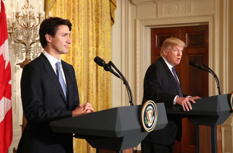 President Trump and Canadian Prime Minister Justin Trudeau participate in a joint news conference in the East Room of the White House on Monday. (Mark Wilson/Getty Images)