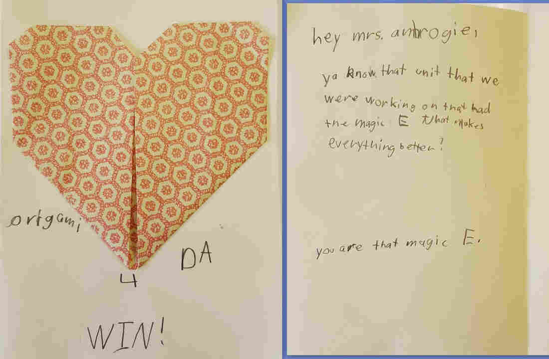 A handmade valentine from a student was magic for Laura Ambrogi, a reading specialist.